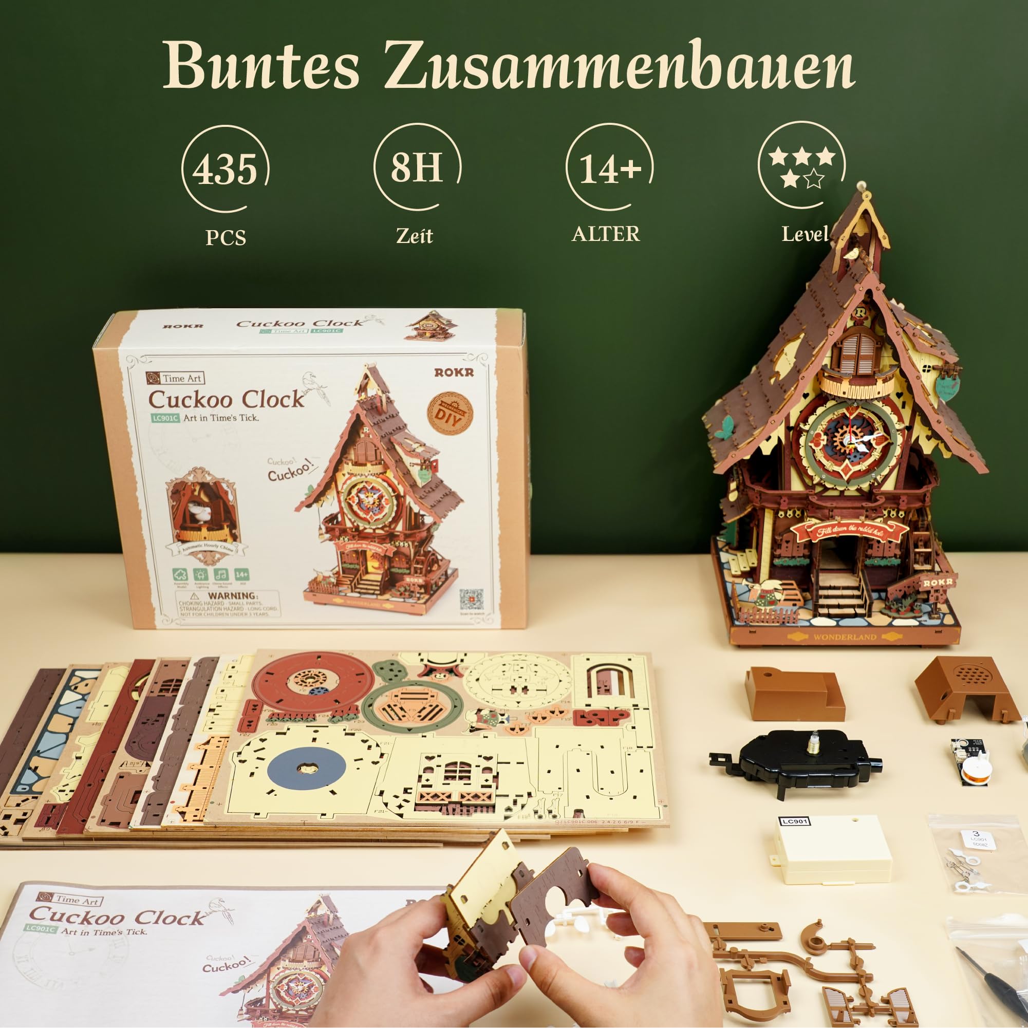 ROKR 3D Puzzle Kuckucksuhr Erwachsene, 3D Holzpuzzle Uhrenmodellbausätze, Geschenke und Dekoration für Erwachsene, Cuckoo Clock Mehrfarbig, LC901C