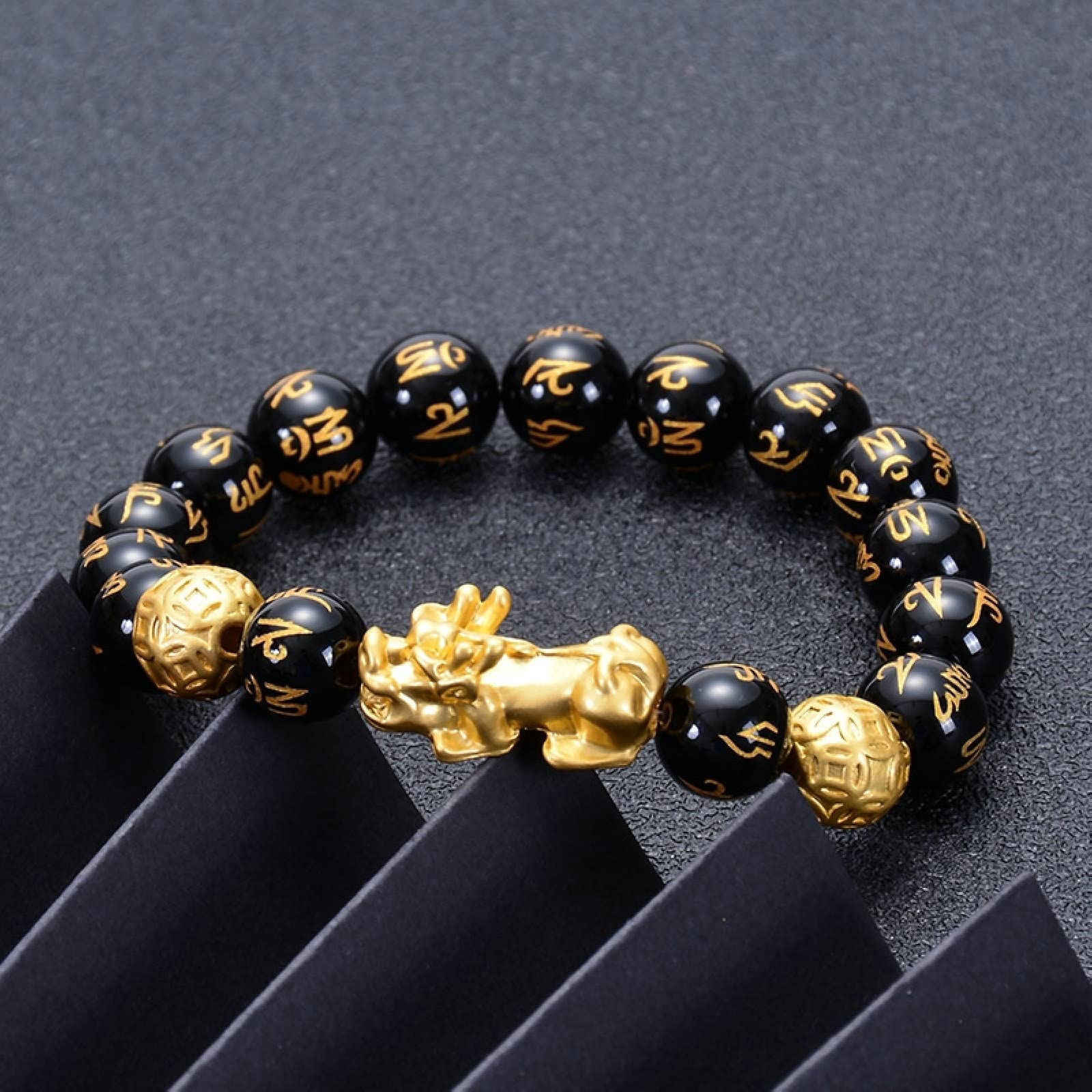 Bracciale con Perline da Donna, Bracciale in Pietra Nera da 8 mm con Artiglio Bracciale con Perline Elasticizzate da Uomo 17 cm