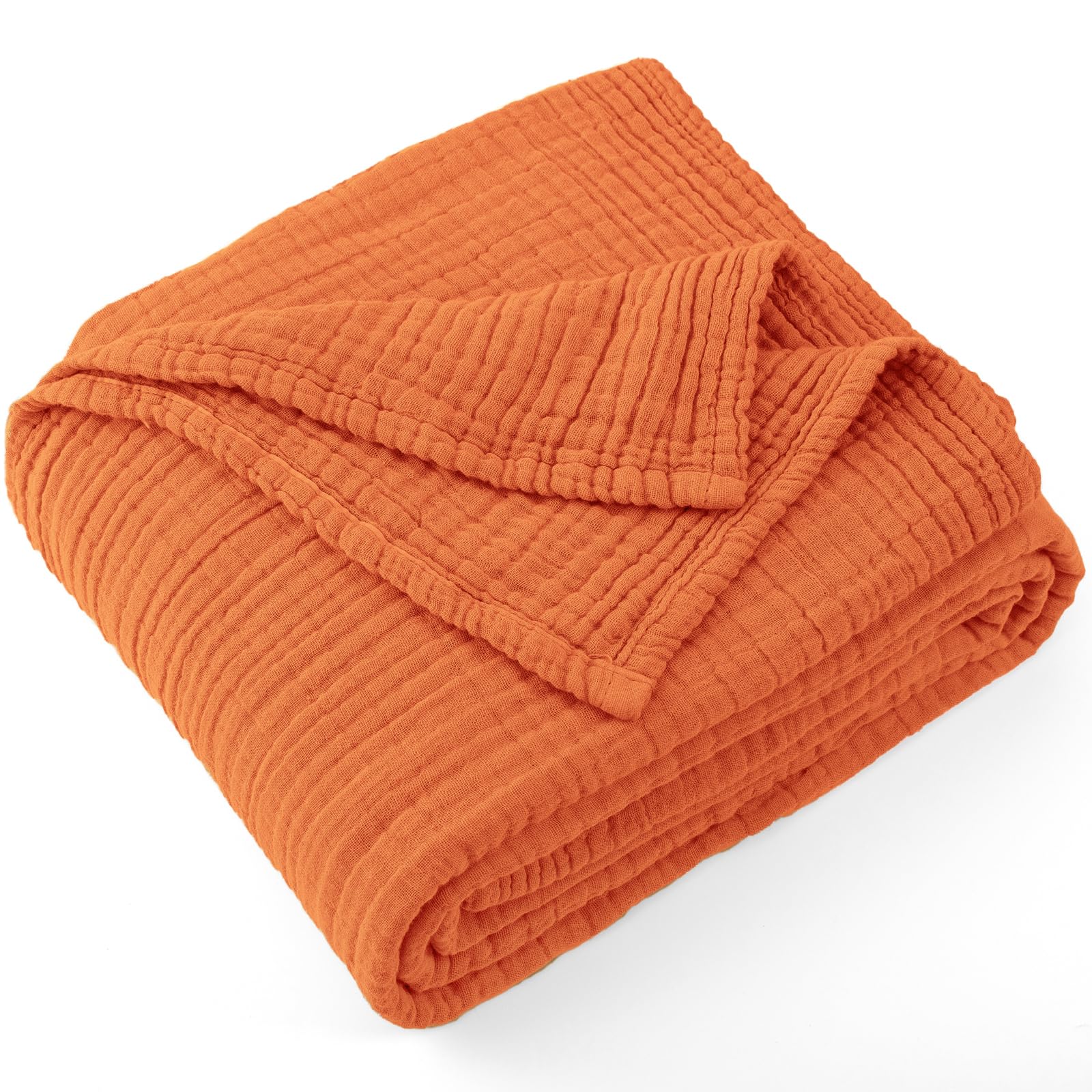 Carriediosa 100% Cotton Muslin Throw Blanket 90" X 108" Twin XL Size，4-Layers Summer Gauze Throws for Bed Couch，Soft Lightweight Breathable Linen Blankets Bedspread for Adults All Season，Orange