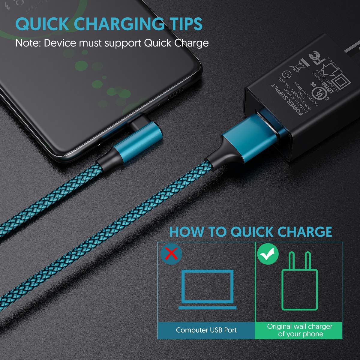 Geekboy Cable tipo C de 90 grados, ángulo recto, 2 unidades, 10 pies, cable de carga rápida USB A a USB C para Samsung S20 S10 S10e S9 S8 Plus, Note 10 9 8, LG V30 V20