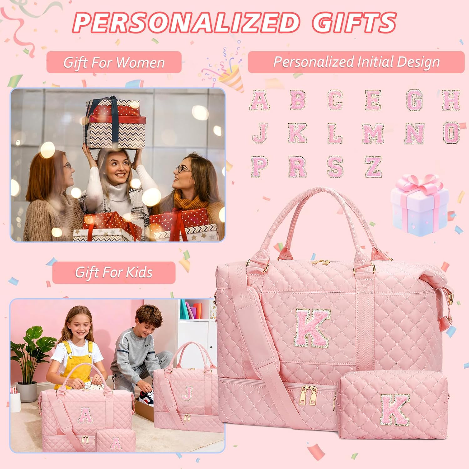 Gifts for Women Girls Initial Travel Duffle Bag Quilted Weekender Carry-On Overnight with Cosmetic Bag, Gym Bag with Shoe Compartment, Pink K - Image 2
