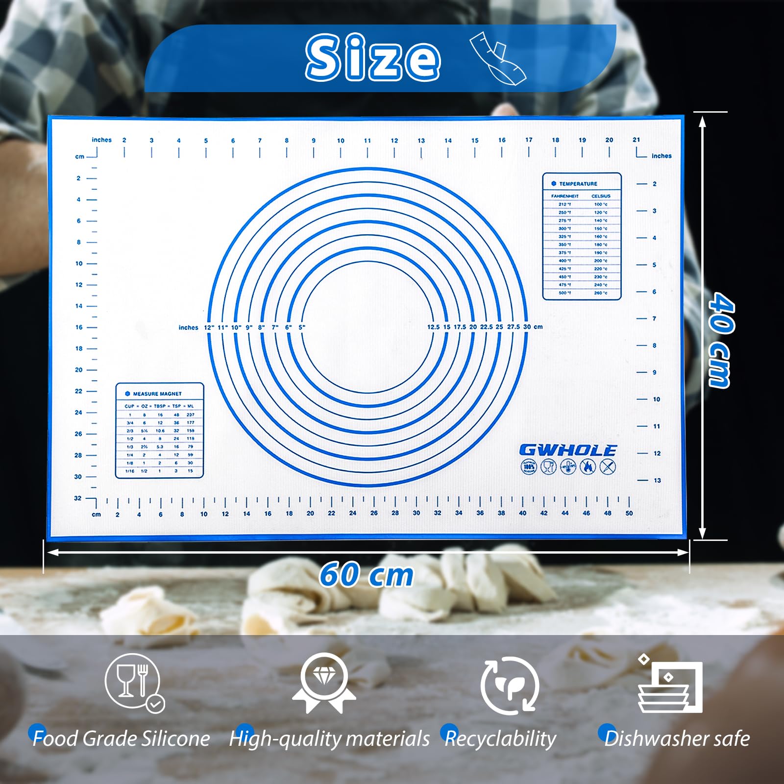 GWHOLE Non Stick Silicone Baking Mat with Measurement 40 x 60cm Large Dough Rolling Kneading Mat Non Slip Pastry Mat - Image 2