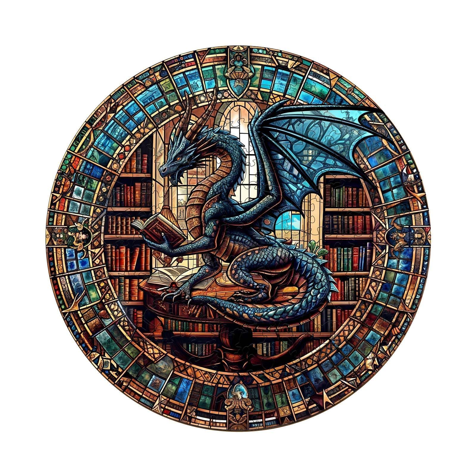 Wooden Puzzles for Adults - Dragon's Library Wooden Jigsaw Puzzle for Adults, Unique Shape Wood Puzzles Adult, Gifts for Friends and Family, Home Decor (S-8.5 * 8.5in-100 Pieces)