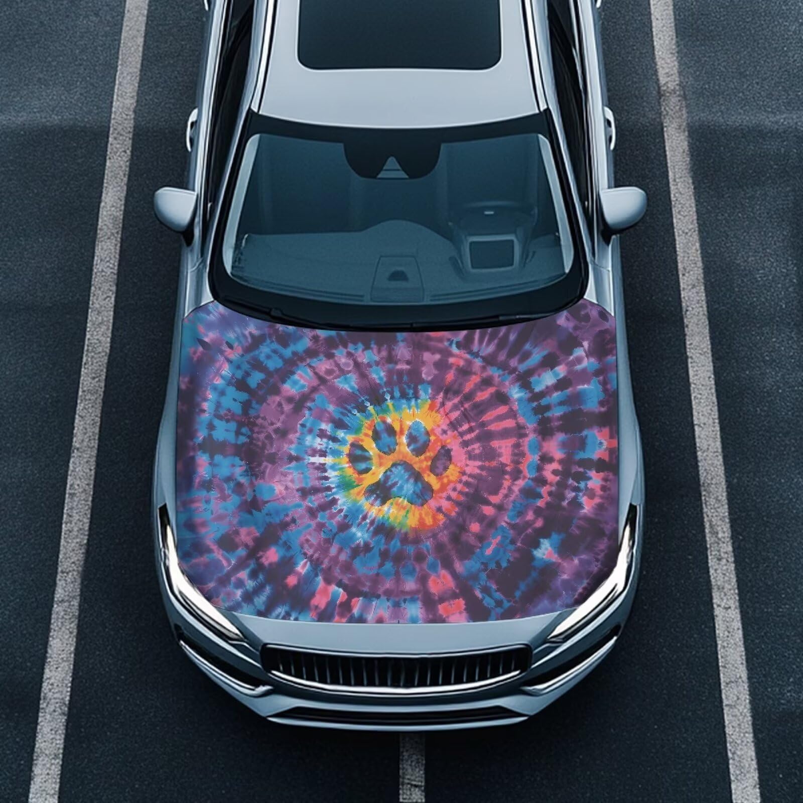 Car Hood Cover Paw Print Tie-Dye All-Season Protection Car Hood Cover Protector Stretch Polyester Fabric Covers Removable Automotive Accessories Ft Fits Most Cars