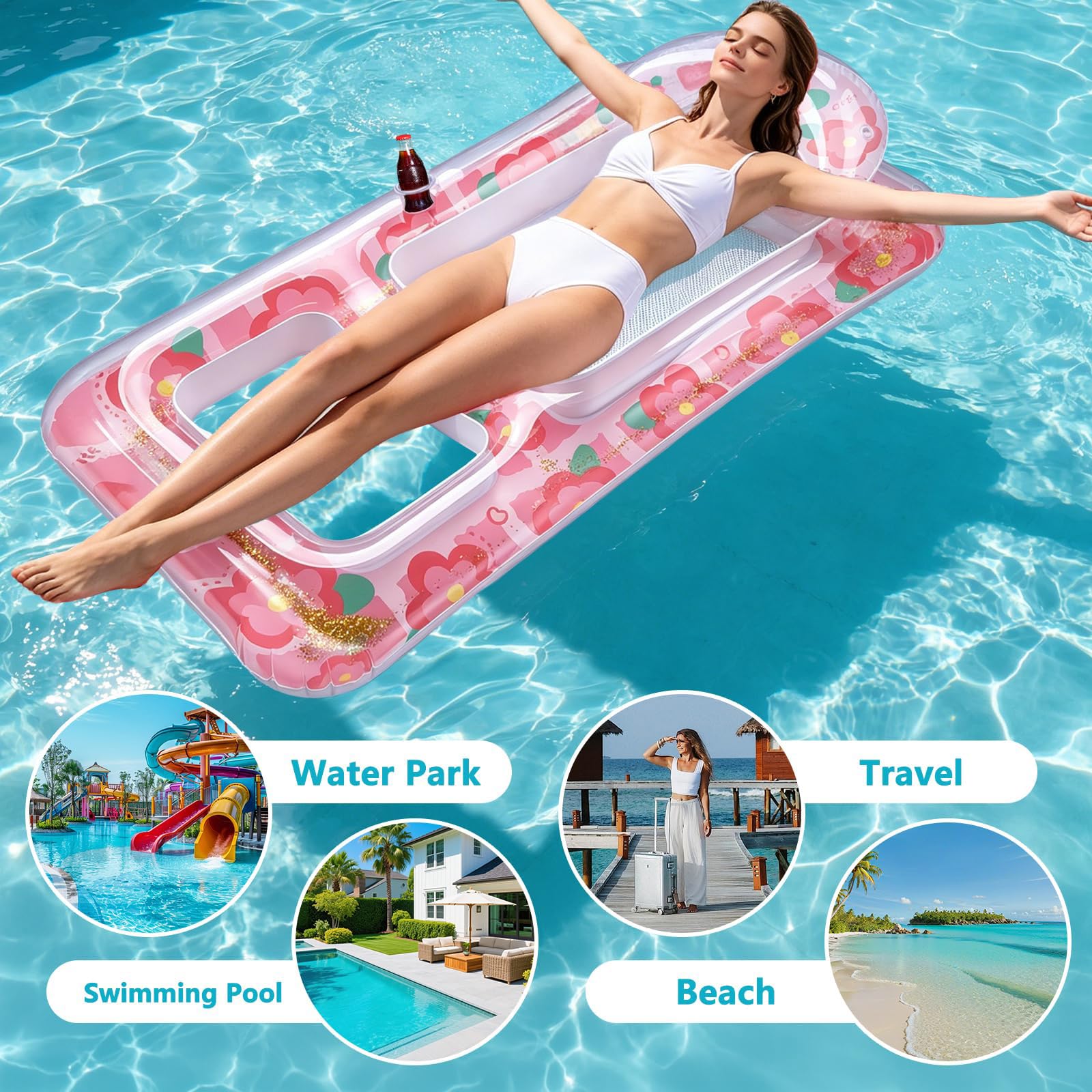 Materassino Mare in PVC Galleggiante Gonfiabile Piscina con Parasole Disponibile in Una varietà di Colori con Schienale e portabicchiere Accessori Piscina per Piscina e Spiaggia