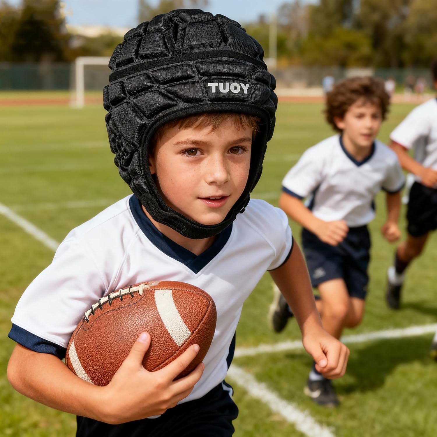 TUOY Football Helmet for Youth & Adult, Breathable Soft-Shell Padded Headgear, Adjustable Head Protector for 7v7 Rugby, Flag Football and Contact Sports