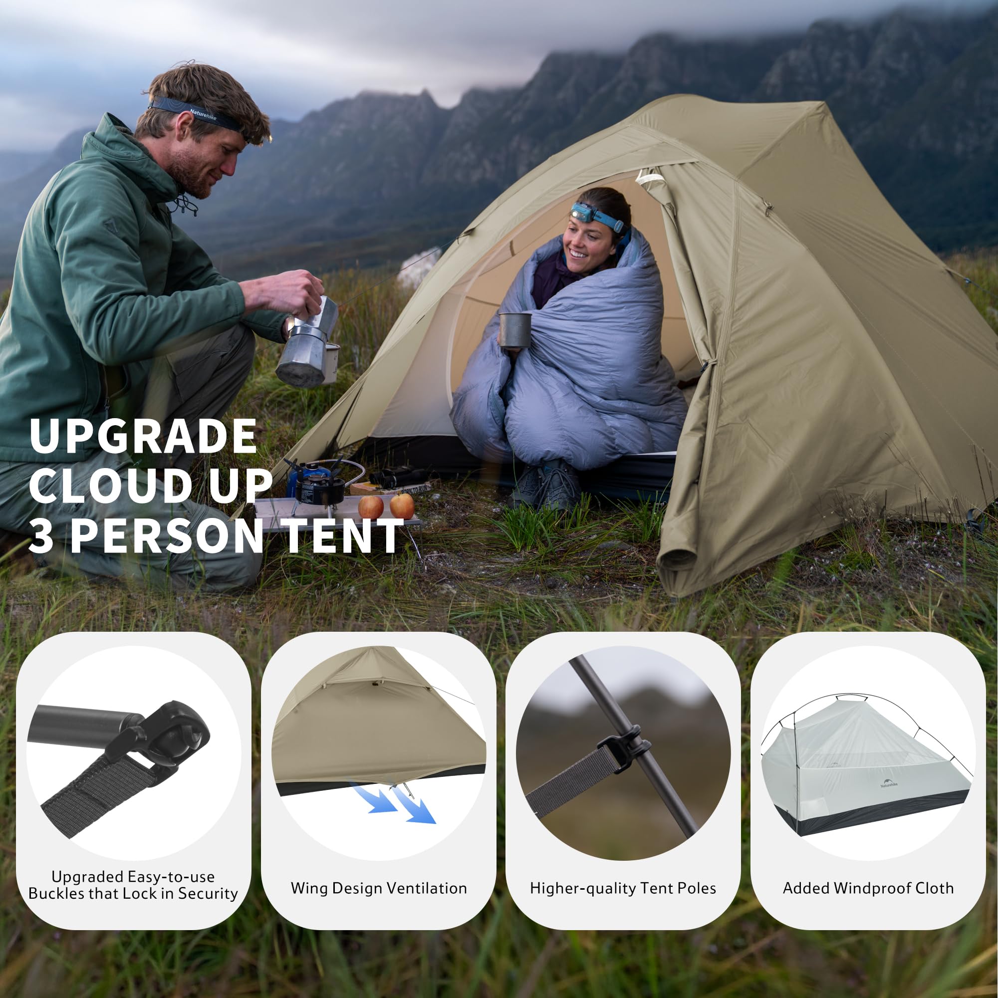 Naturehike Cloud Up Pro Tienda de campaña ligera para 3 personas, fácil montaje, resistente al viento e impermeable, para viajes al aire libre, trekking