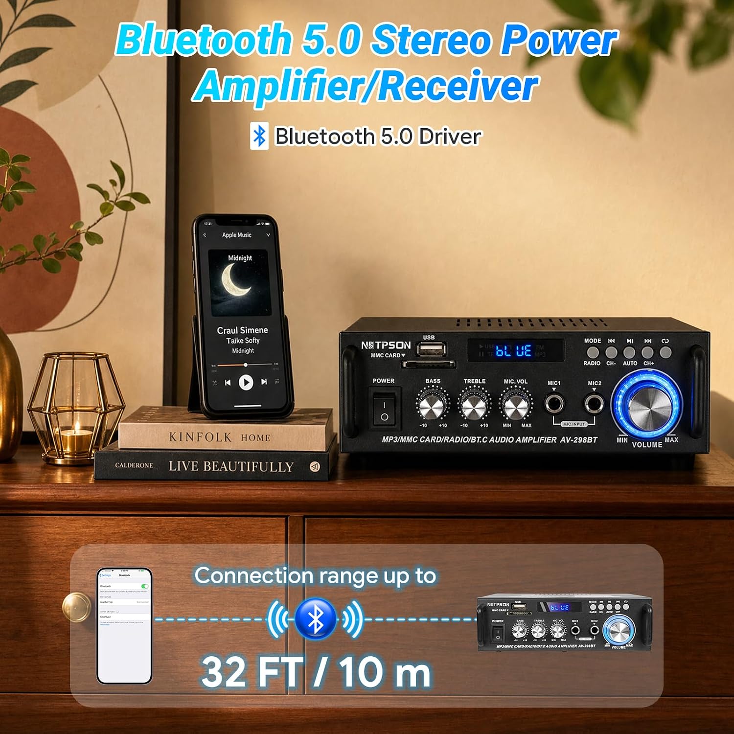 AV-298 BT Bluetooth Stereo Amplifier, Max 600W Amp 2 Channel Wireless Bluetooth 5.0 Power Amplifier System, Home Amplifiers Home Theater Audio Stereo System MIC, RCA, USB, SD Card, with Remote Control