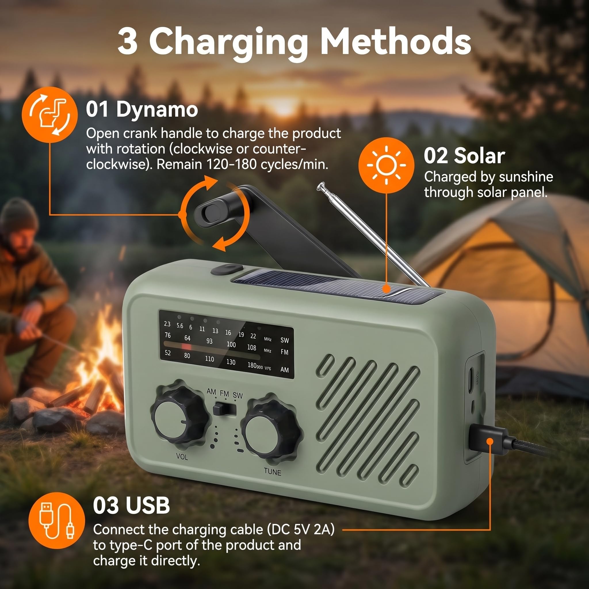 Radio di Sopravvivenza, Ricarica Tripla (Manovella/Solare/USB), Batteria 2000mAh Powerbank, SOS, Torcia LED - Kit Completo con Cinturino & Cuffie per Campeggio, Escursionismo, Emergenza