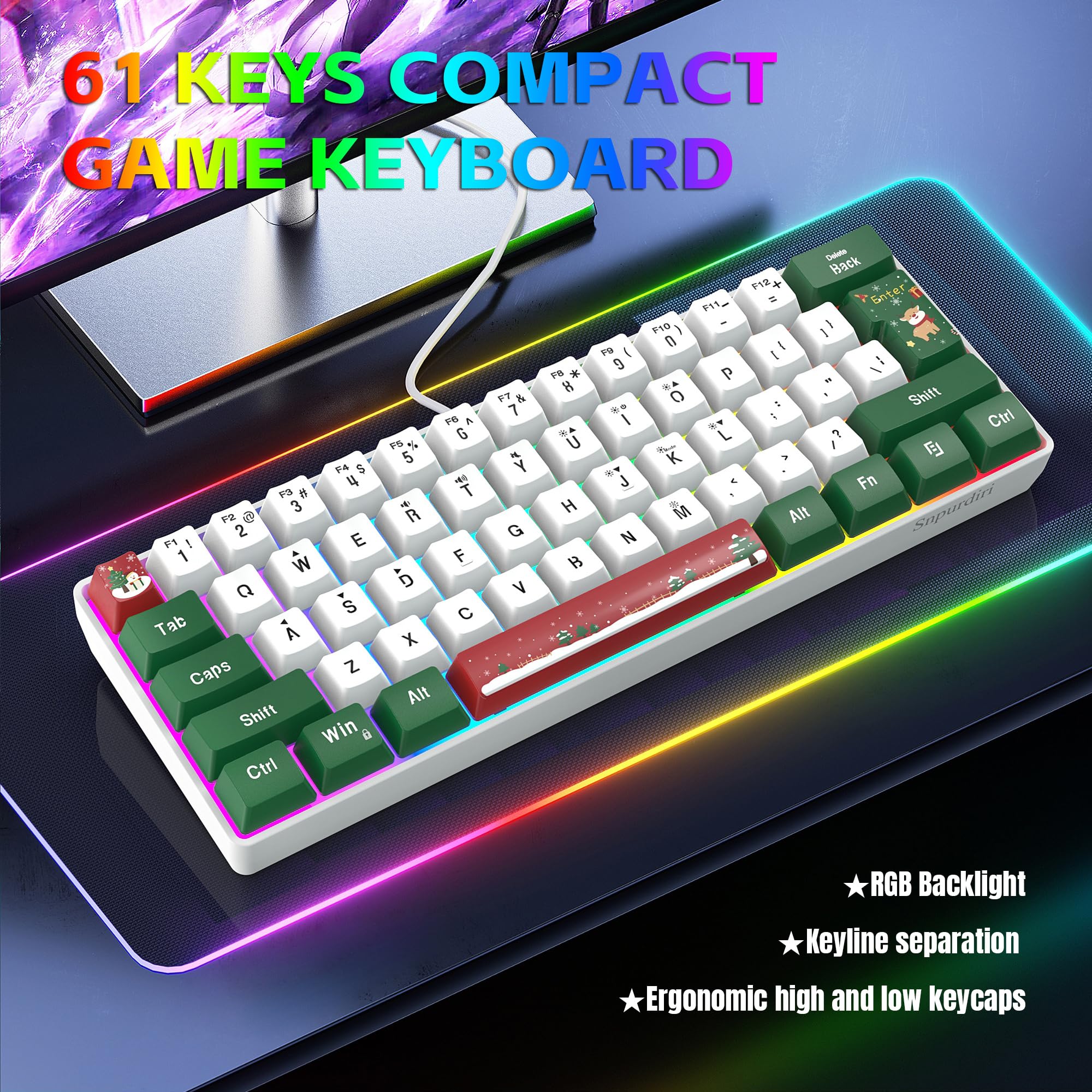Snpurdiri 60% Wired Gaming Keyboard, RGB 61-Key (Red Green White) view 9