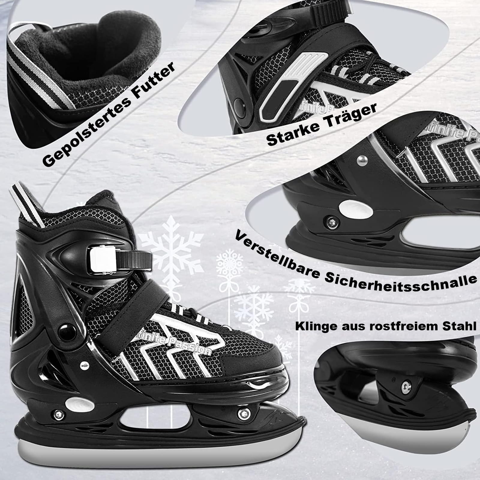 Patins À Glace Réglables Adultes Femmes Hommes, Patins À Glace en Acier Inoxydable, Patins À Glace avec Système De Laçage Rapide Et Boucle À Poussoir