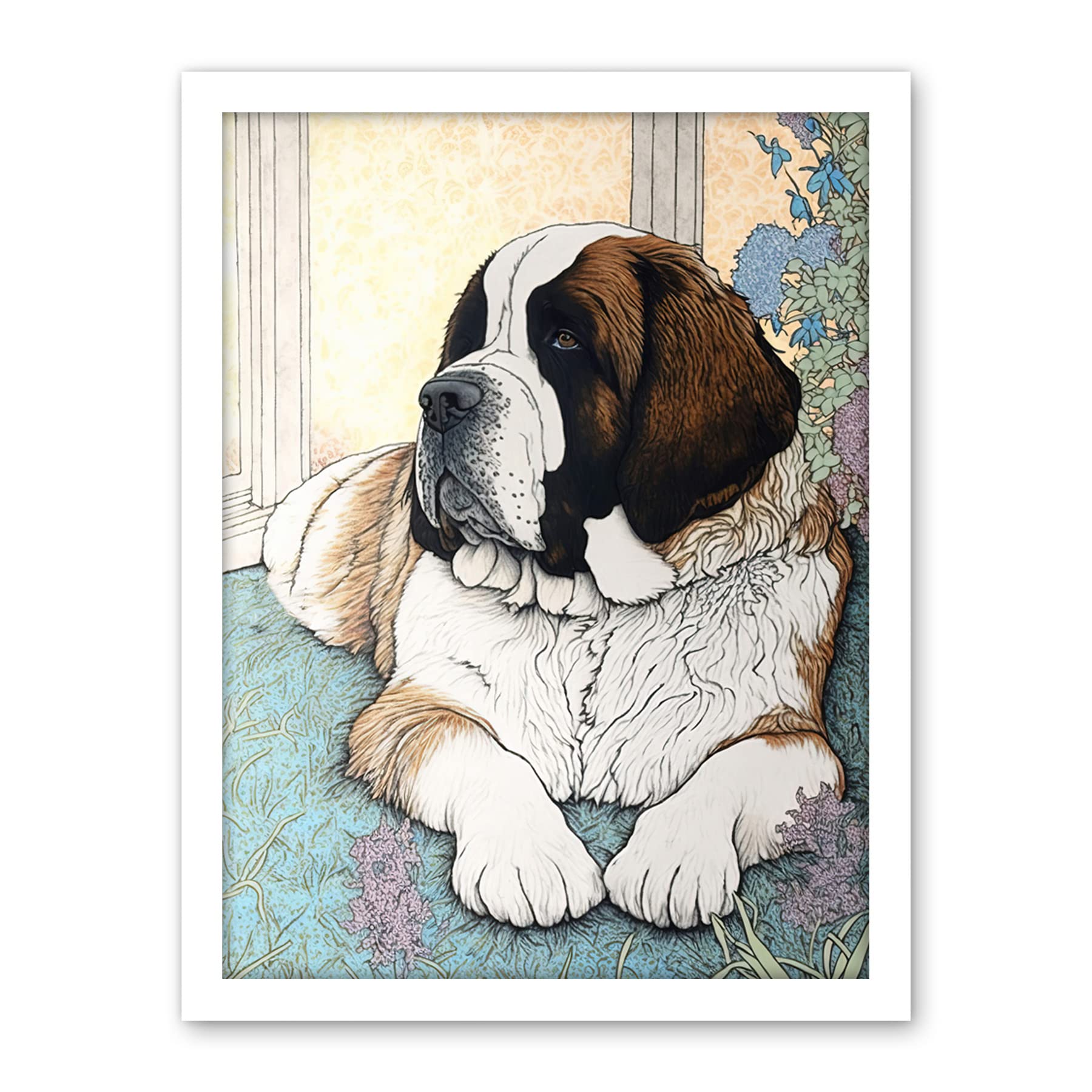 Artery8 St Bernard Dog Lying by Flower Pot Modern Bright Multicoloured Illustration Artwork Framed Wall Art Print 18X24 Inch