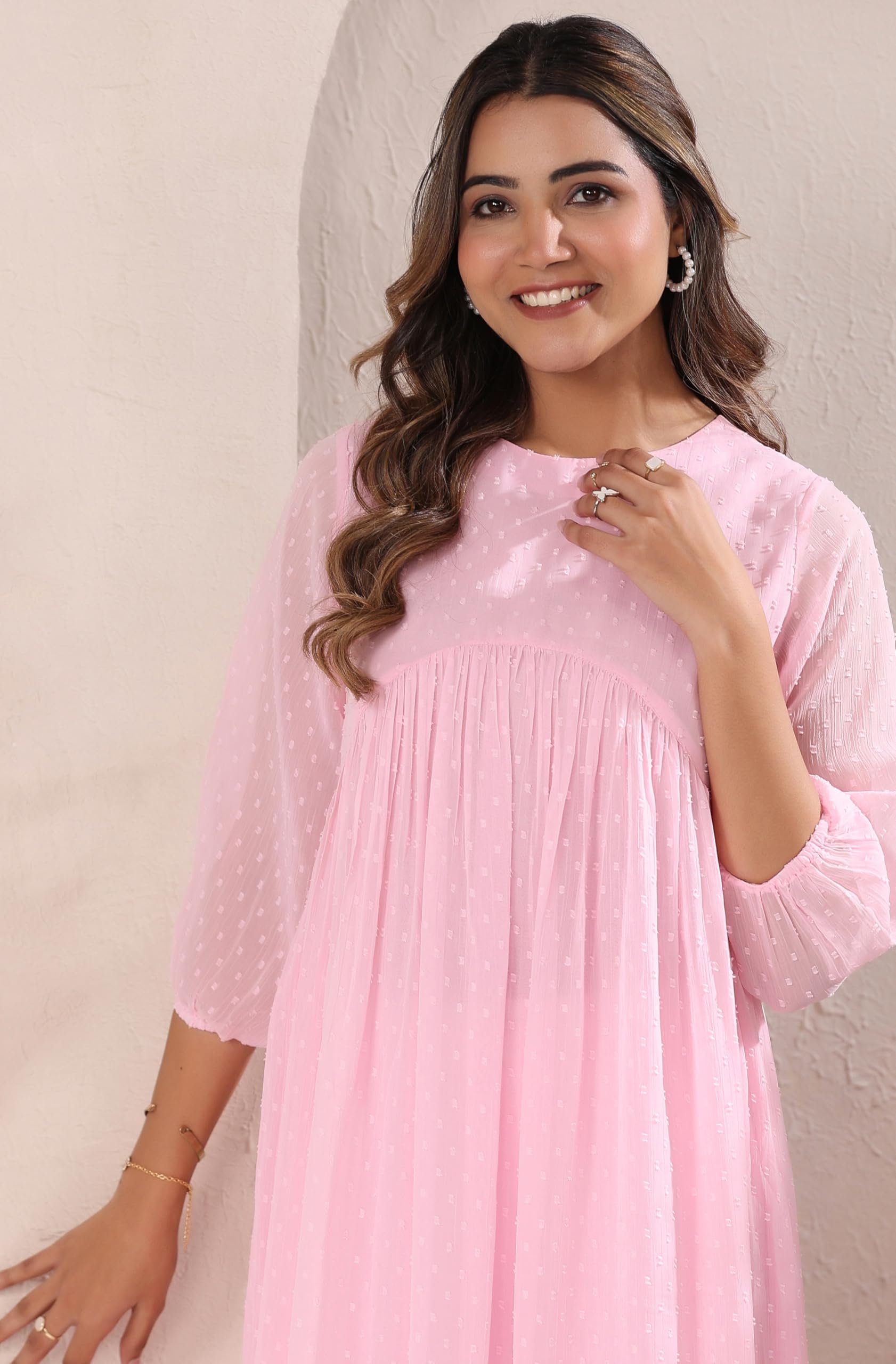 Janasya Women's Baby Pink Dobby Chiffon Self Design A-Line Kurta product image 7