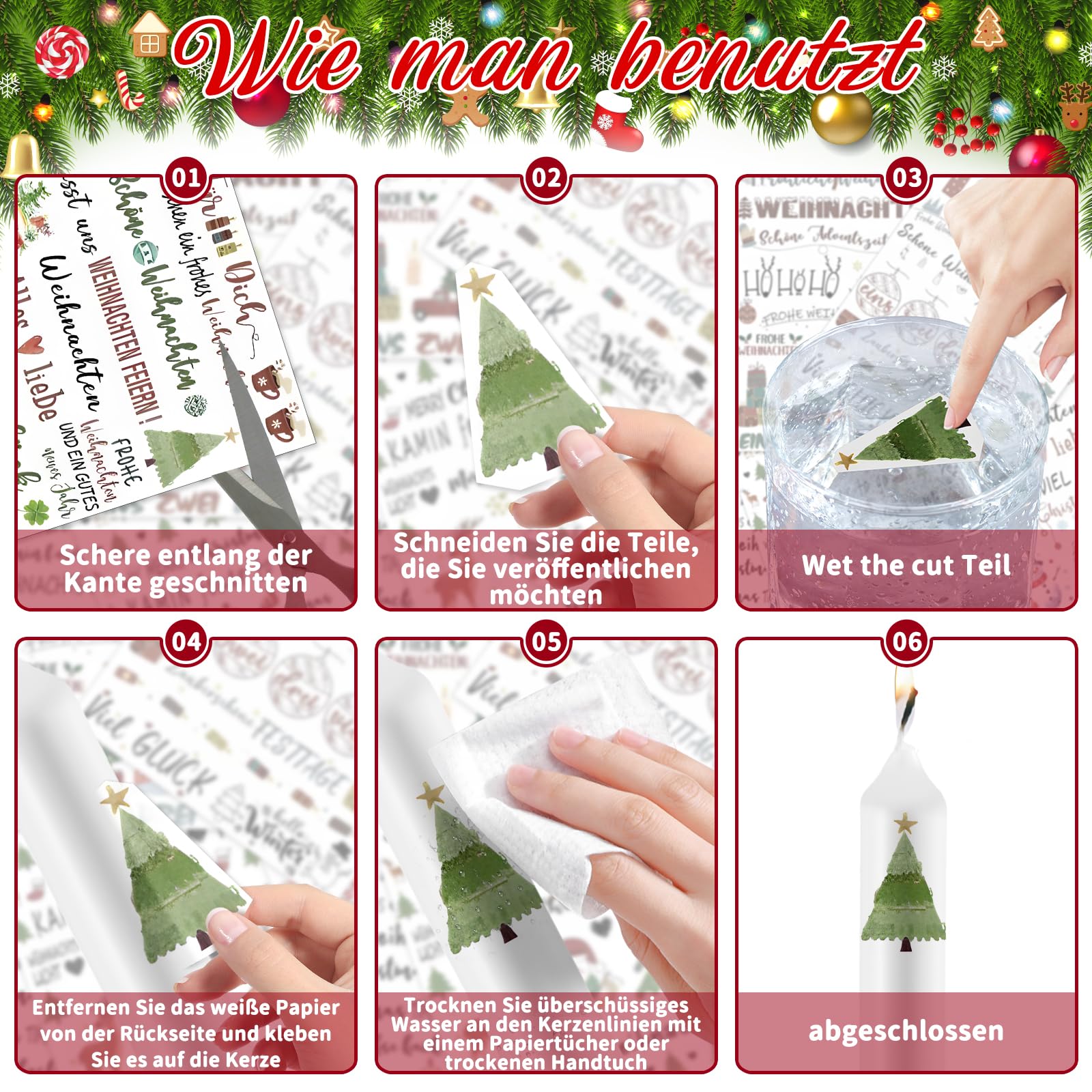 KSKSPE Pack of 6 Christmas Candle Tattoos, Candle Stickers, 14 x 19 cm, Candle Tattoo Christmas - Image 3