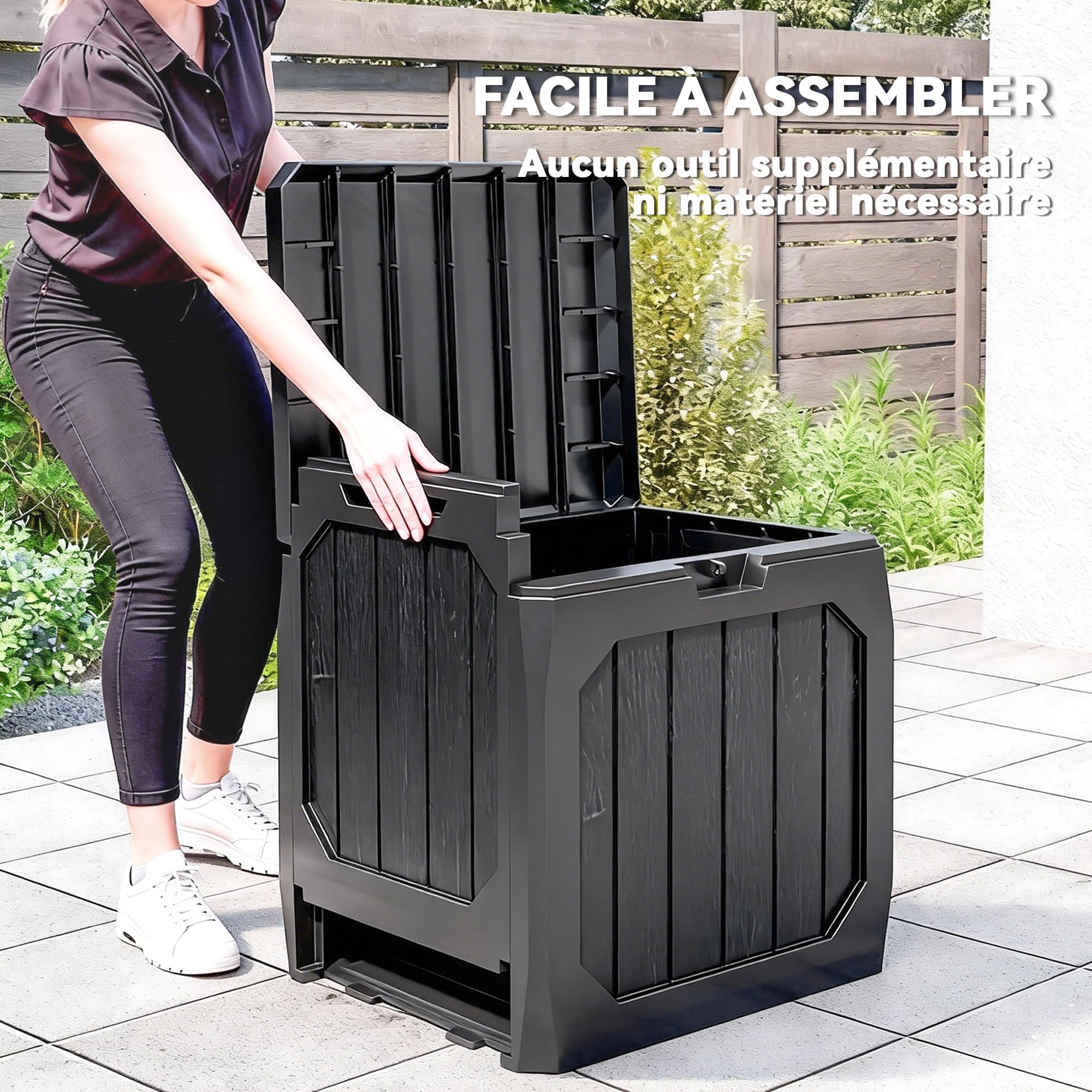 Outsunny Coffre de rangement exterieur 121L avec Poignées 56x45x53 cm Noir | Coffre de Jardin, Conteneur Étanche, Malle de Rangement en PP, Extérieur Intérieur Jardin Terrasse