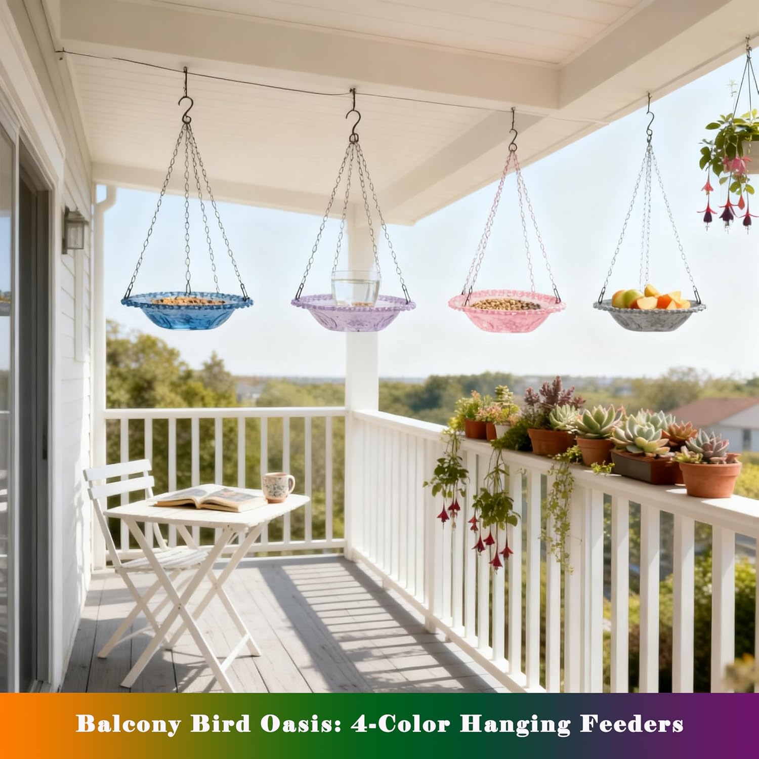 4 Pack Super Value Hanging Plastic Bird Baths and Feeders for Outdoors Bird Water Bowls and Seed Trays Set Attract Wild Birds Garden Yard Decor Gift (Blue Pink Gray Purple)