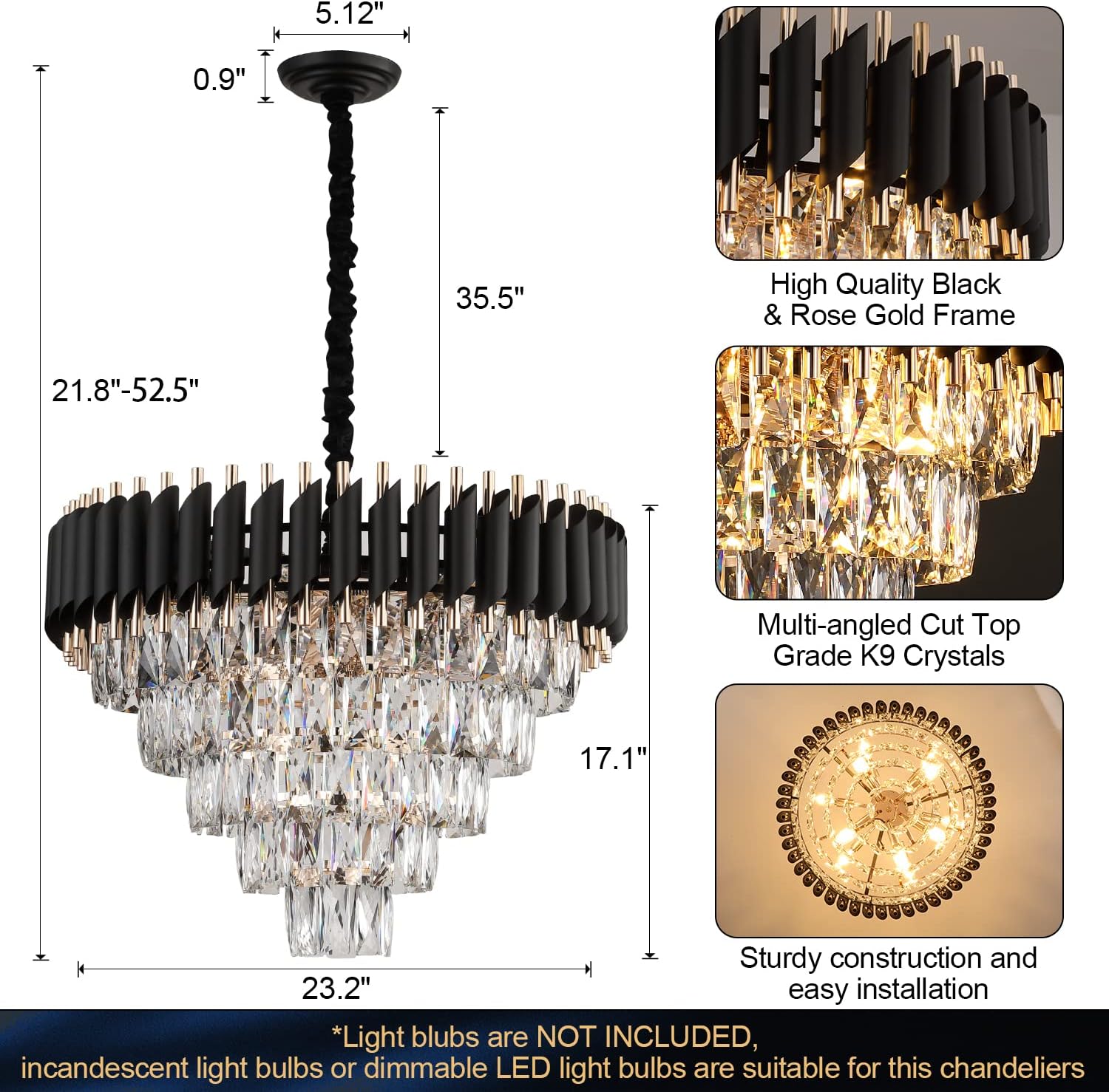 AXILIXI Crystal Chandelier Contemporary, 24" Modern Living Room Chandeliers, K9 Crystal Ceiling Lights Fixtures, Round 5 Tiers Pendant Lighting Chandelier Black for Entryway Dining Room Staircase