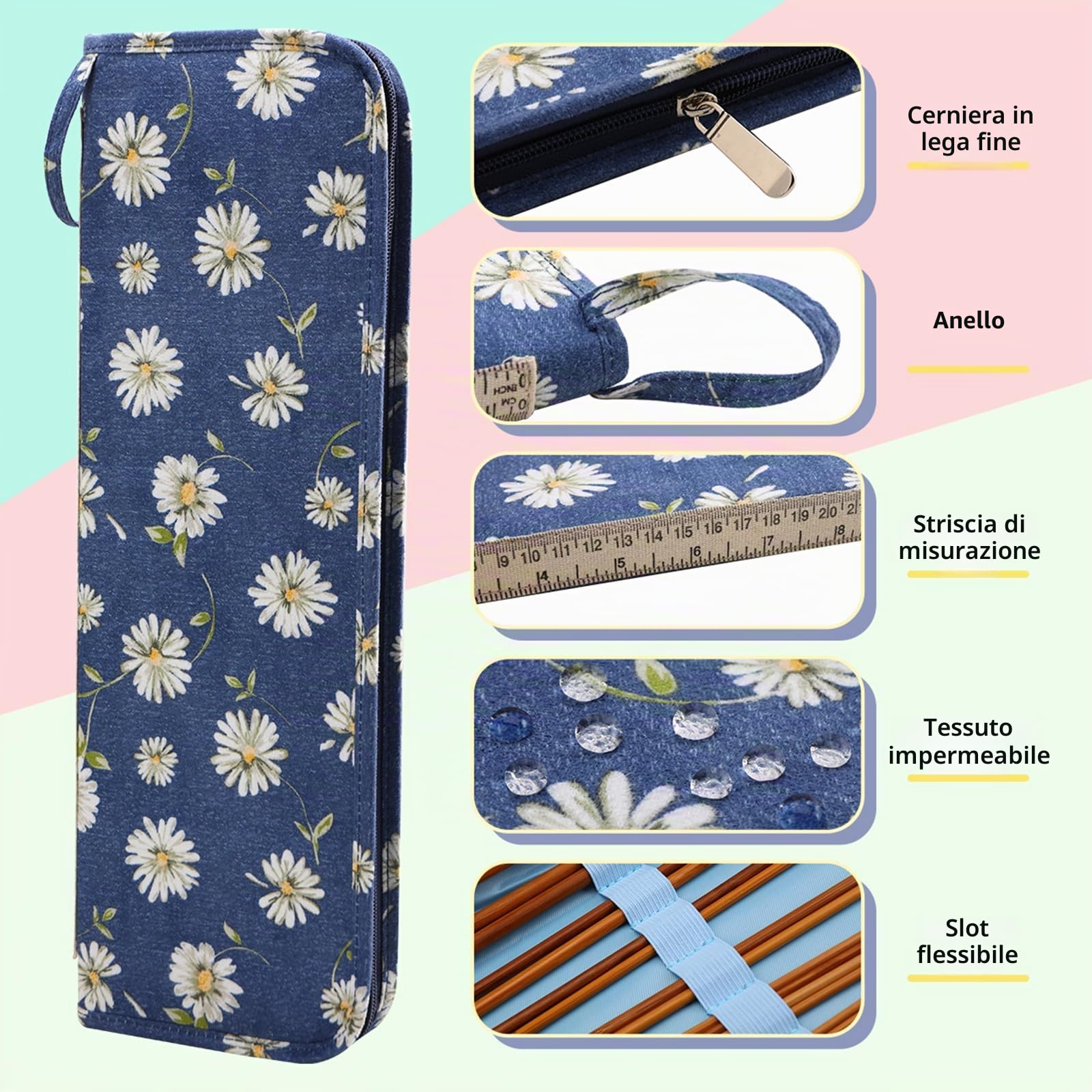 Coopay Custodia Morbida per Ferri da Maglia, 40 cm, per Ferri Lunghi, 14 x 43 x 2 cm, Margherita