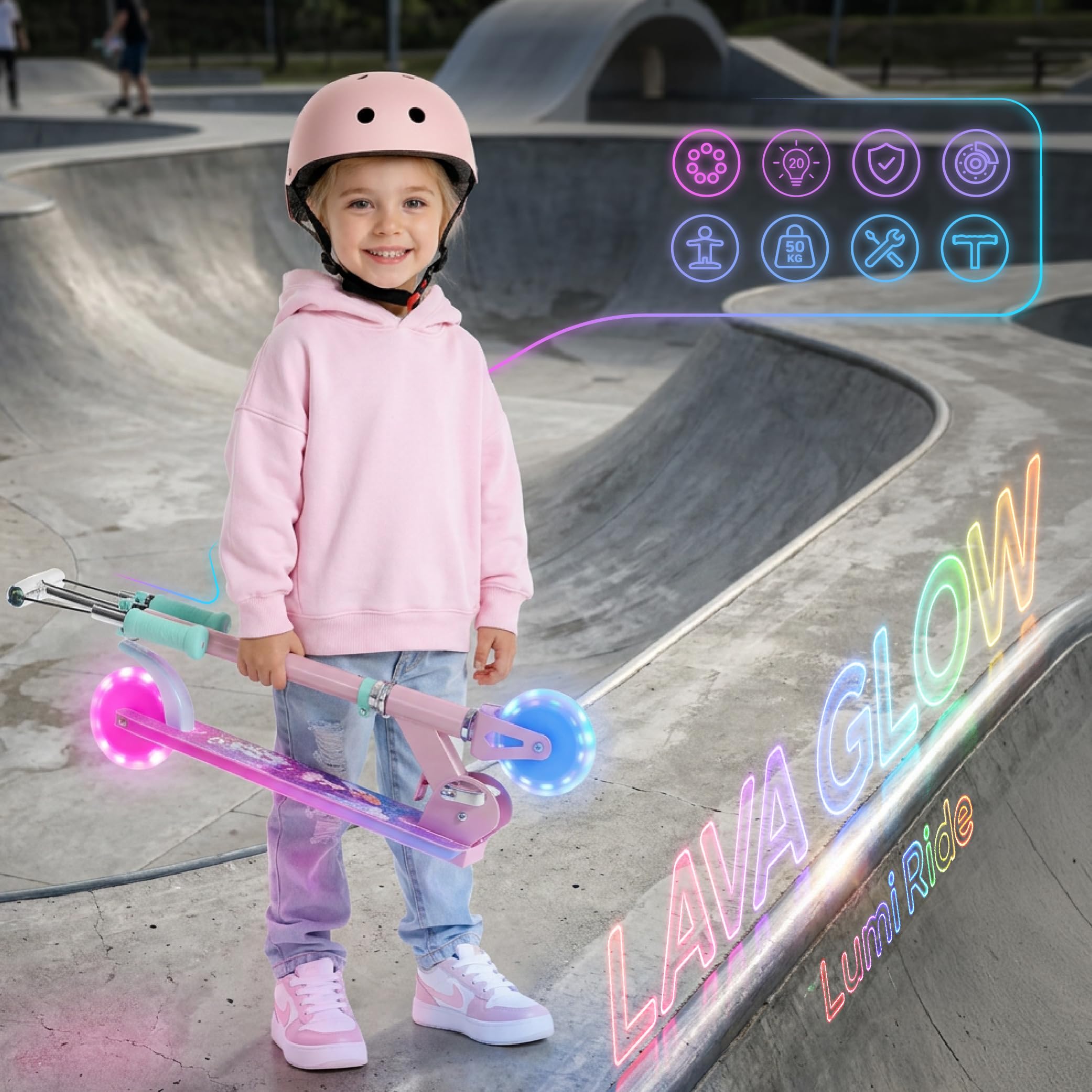 SUN BABY LUMI RIDE Hulajnoga dwukołowa dla dzieci, światła LED | od 3 lat, 7 kolorów, 20 programów, 3 poziomy regulacji kierownicy, hamulec nożny, wyjmowane rączki