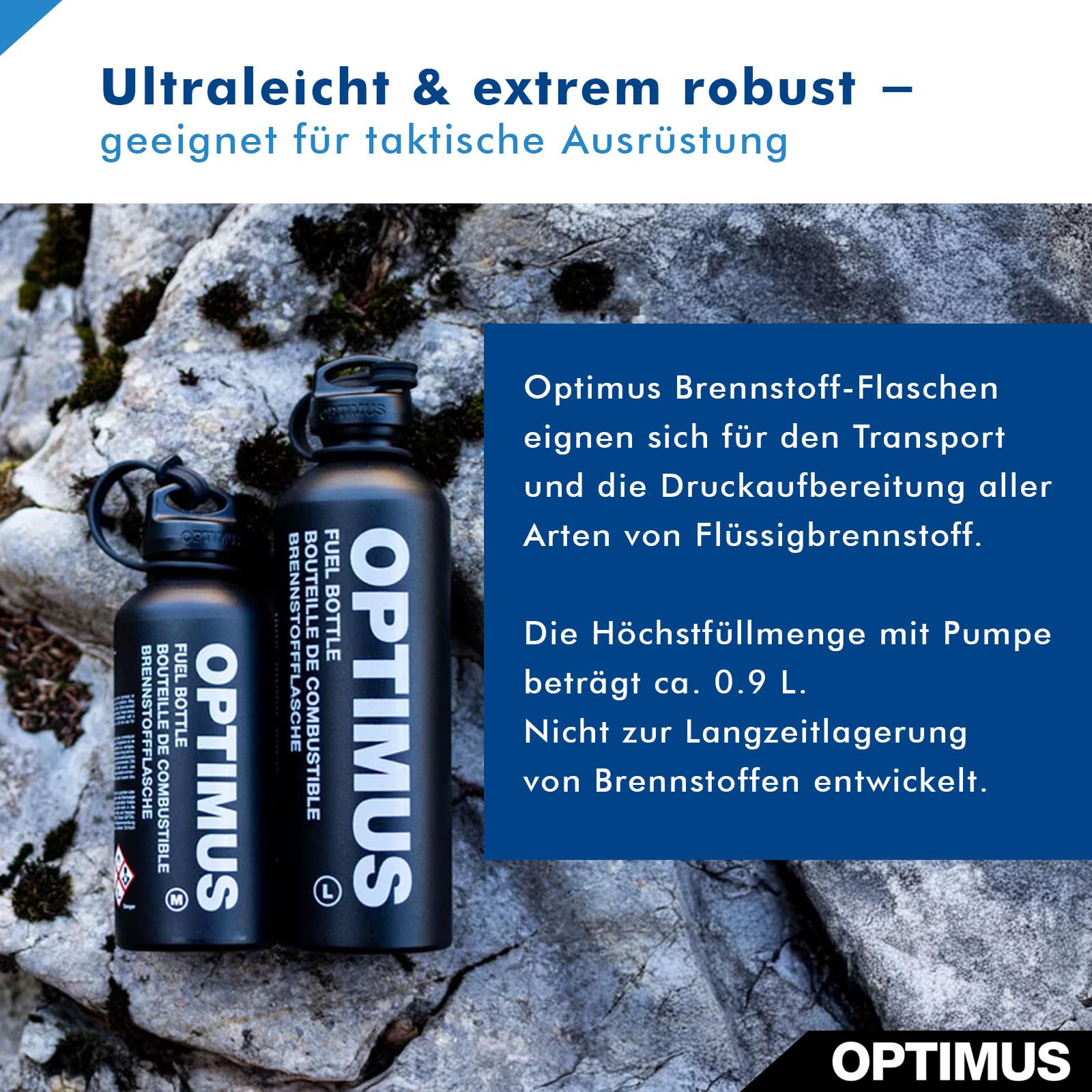 Optimus Brennstoffflasche 1,0 L für Campingkocher mit Flüssigbrennstoff (ohne Inhalt) | druckbeständig & leicht | mit kindersicherem Verschlussdeckel und Sicherungsschlaufe