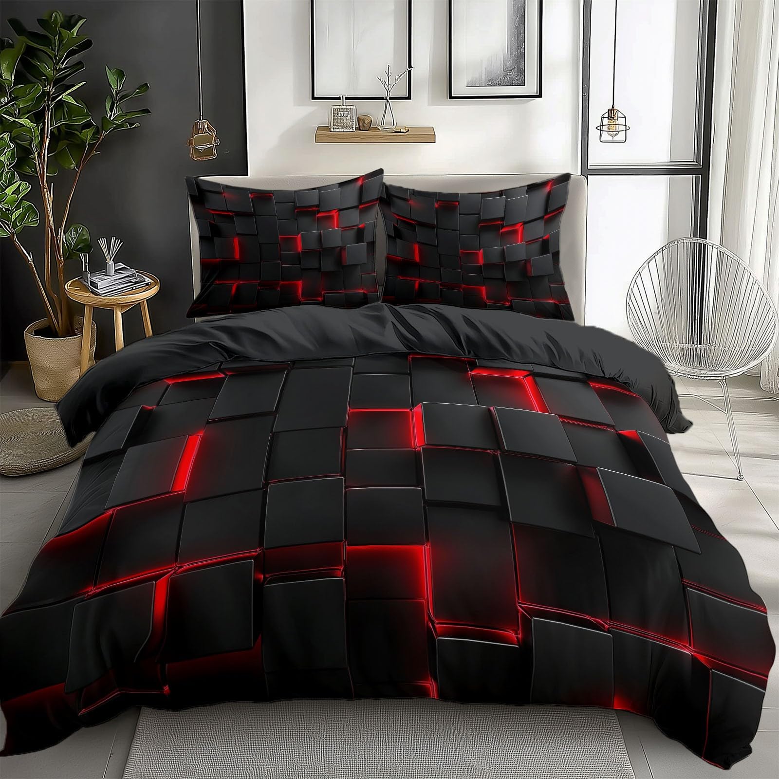 Juego de Funda Nordica Cama 135/150 Patrón Cubos Negros Y Rojos 3D Fundas Edredón, 220 x 240 cm Funda Nórdica y 2 x Fundas de Almohada de 50x75 cm Microfibra Suave Transpirable, Gris Oscuro