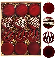 Vista 9 de Juego de 12 adornos de Navidad, bolas de terciopelo flocado de 3.15 pulgadas con diseños pintados a mano, elegantes decoraciones marrones para árbol