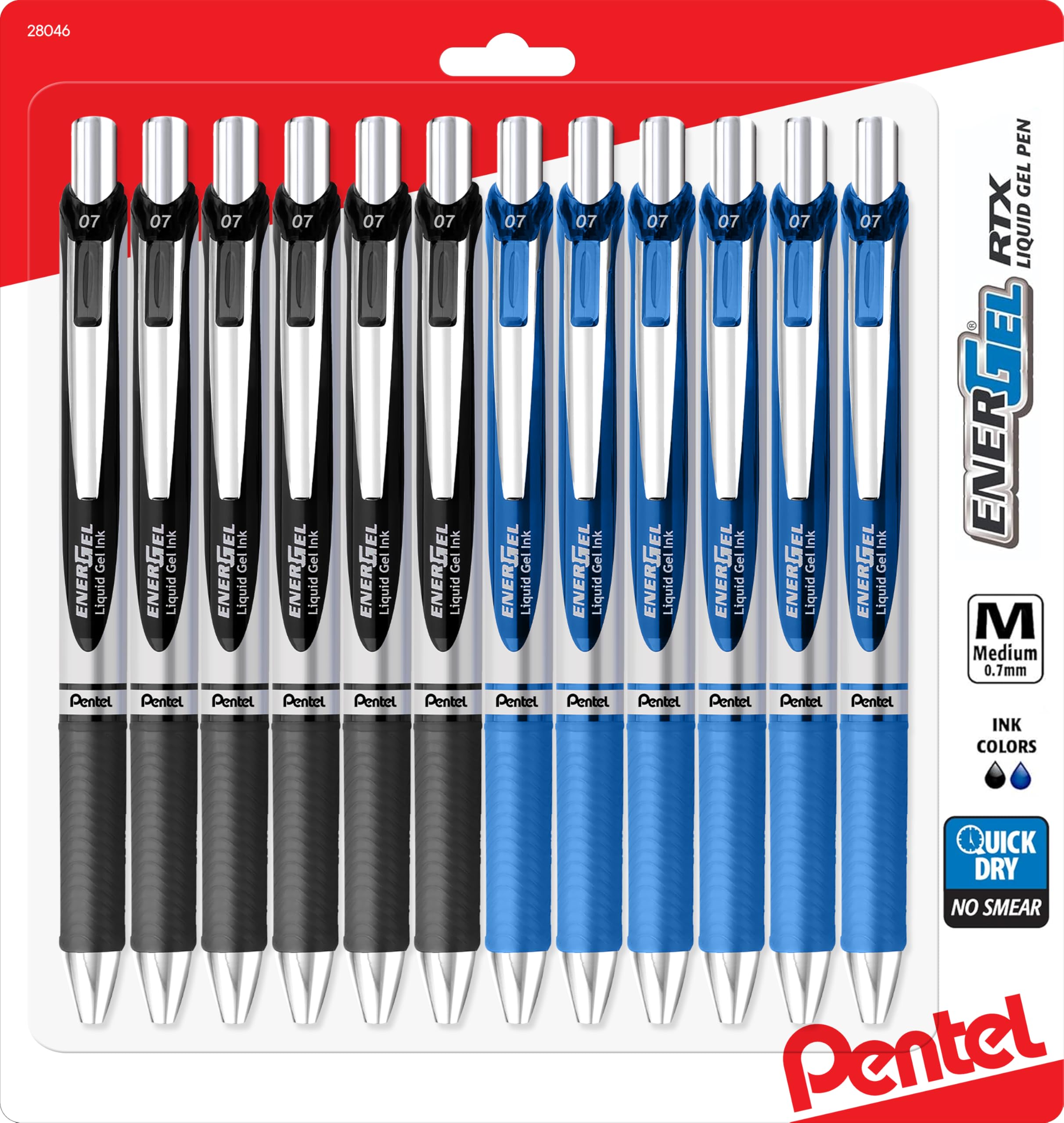 Energel 0.7 mm Rtx Retractable, 6 Black & 6 Blue Ink Pens Metal Tip, Medium Point Energel Liquid Gel Ink Pens 0.7 mm. Pack of 12