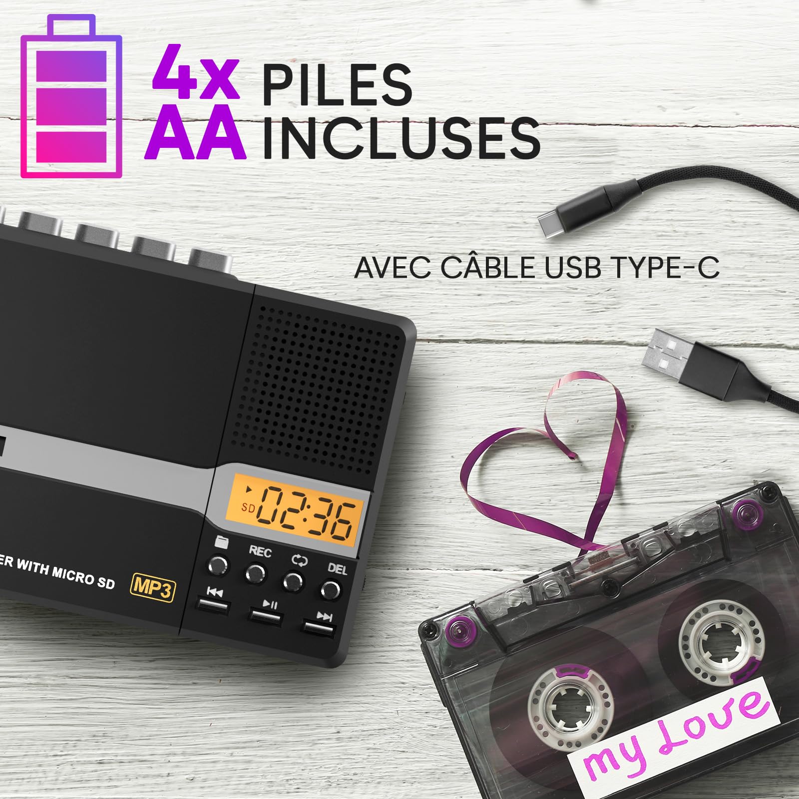 KLIM K10 Lecteur Cassette Audio & Enregistreur, Baladeur Cassette & Convertisseur en MP3 + Micro & Haut-Parleur Intégrés + Transfert USB PC + Piles/USB + Carte SD 8 Go + Écouteurs - Noir