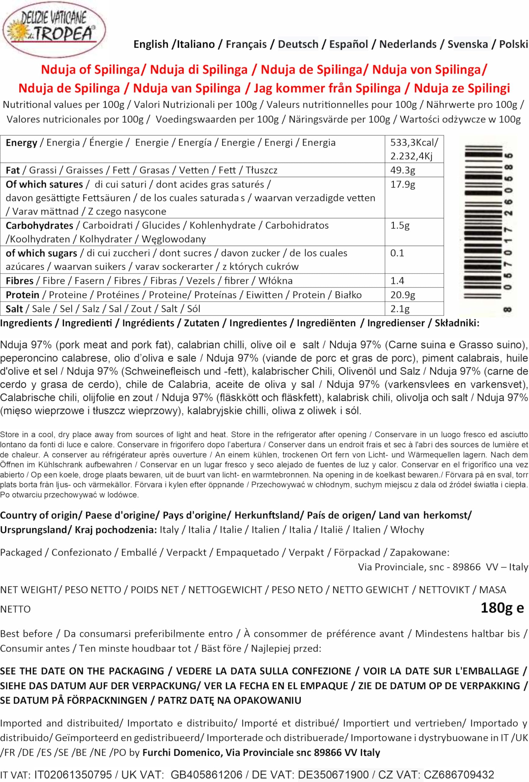 'Nduja di Spilinga 180g | Salchichón Calabrese Picante y Untable | Salami Italiano Artesanal – Delicatessen Gourmet | Auténtica Cocina Calabresa por Delizie Vaticane di Tropea