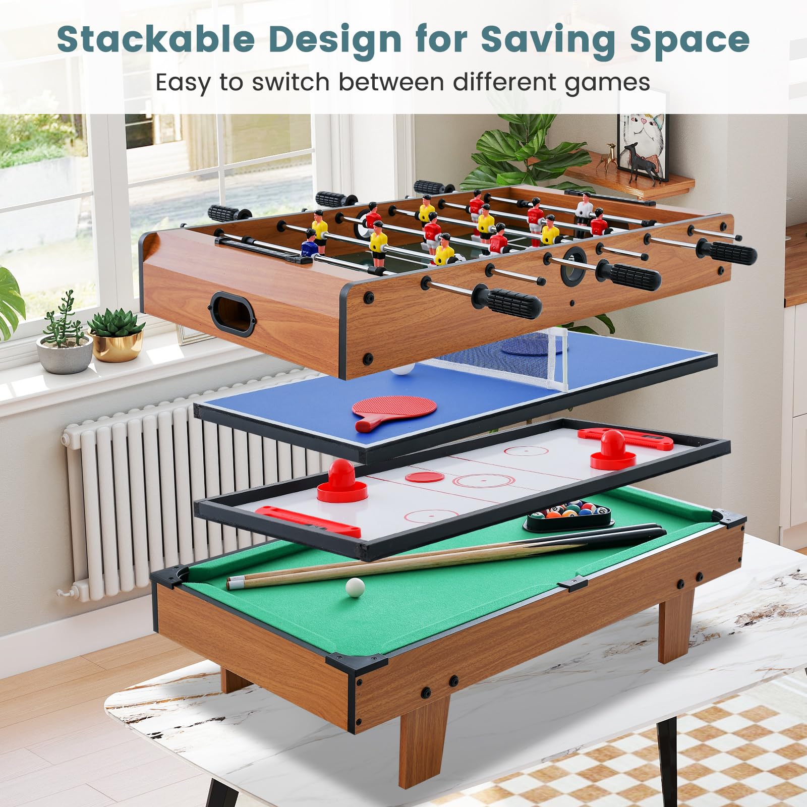 FANTASK Tavolo da gioco 4 in 1 Multifunzione con Manico Antiscivolo, Calcio da Tavolo & Biliardo & Air Hockey & Ping-pong, Calcio Balilla in Legno per Sala Giochi, Bars, Calcio da Tavolo per Bambini
