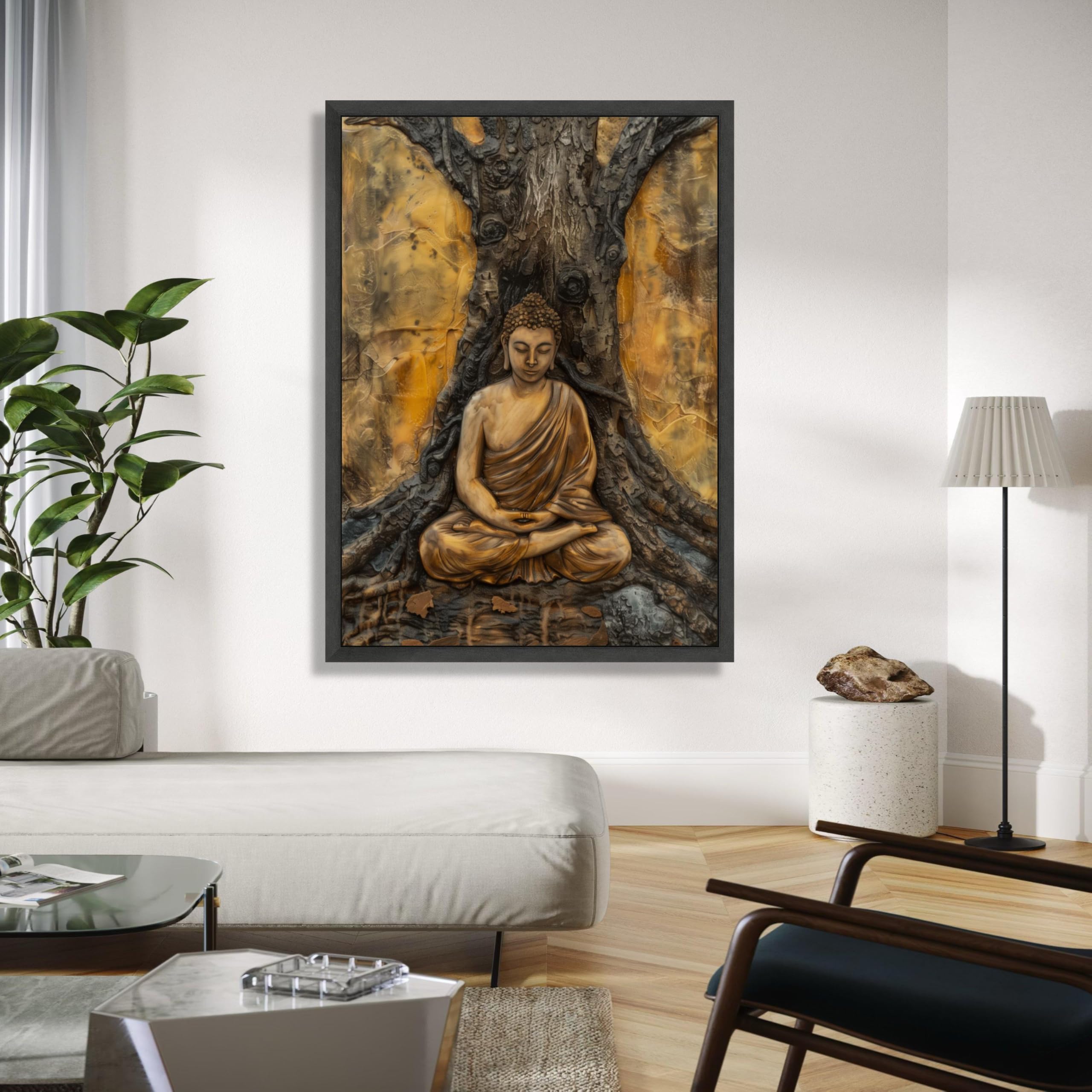 YUSUZHU Tela con meditazione del Buddha sereno, arte murale spirituale, opera d'arte con statua zen, decorazione per la casa, stampa artistica del Buddha sotto l'albero (60x90 cm/cornice interna)