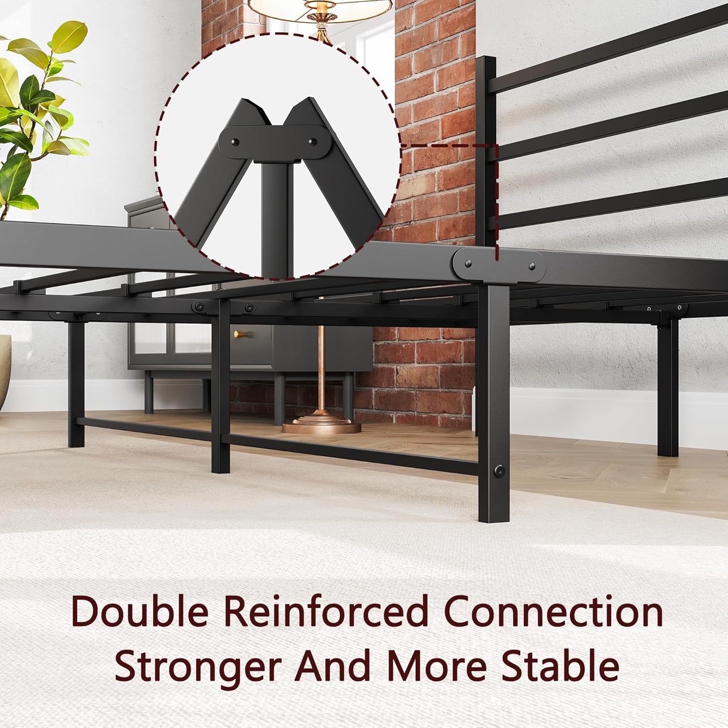 Close-up view of a double reinforced connection point on the bed frame, showing two metal pieces interlocking and secured with bolts, indicating enhanced stability.