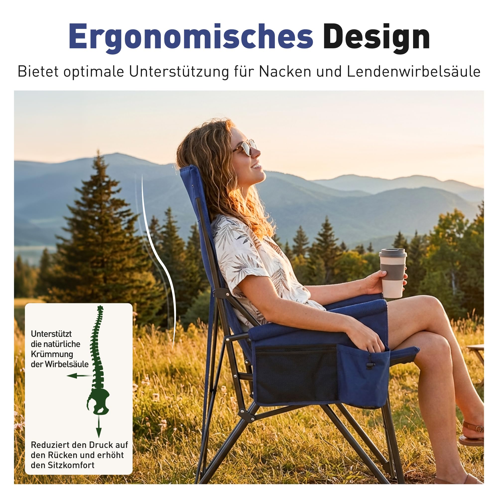 HIGH POINT SPORTS Campingstuhl Faltbar 225kg Klappstuhl Gepolstert Blau | Outdoorstuhl mit Kopfstütze Getränkehaltern Faltbarer Angelstuhl XXL mit Armlehnen