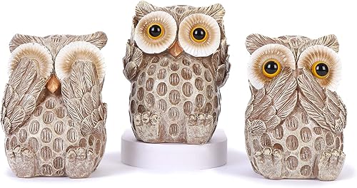 FriyGardcn Juego de 3 figuras de búho para decoración del hogar, lindas estatuas de búho para estante, sala de estar, dormitorio, oficina,