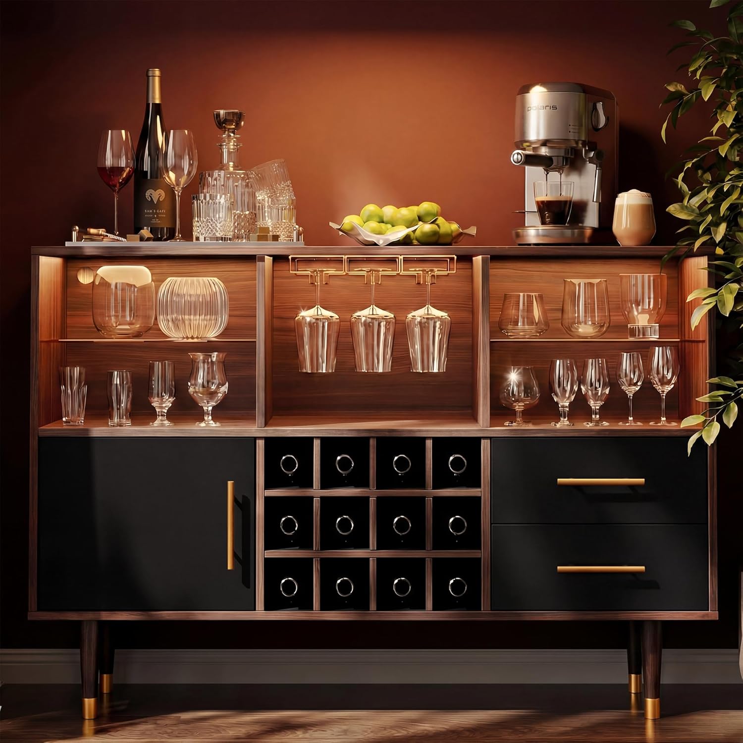 LARMACE 47.2" Modern Wine Bar Cabinet with LED Lights, Liquor Cabinet with Doors and Storage, Coffee Bar Station and Buffet Sideboard for Home Bar,Kitchen,Living Room,Wanlut