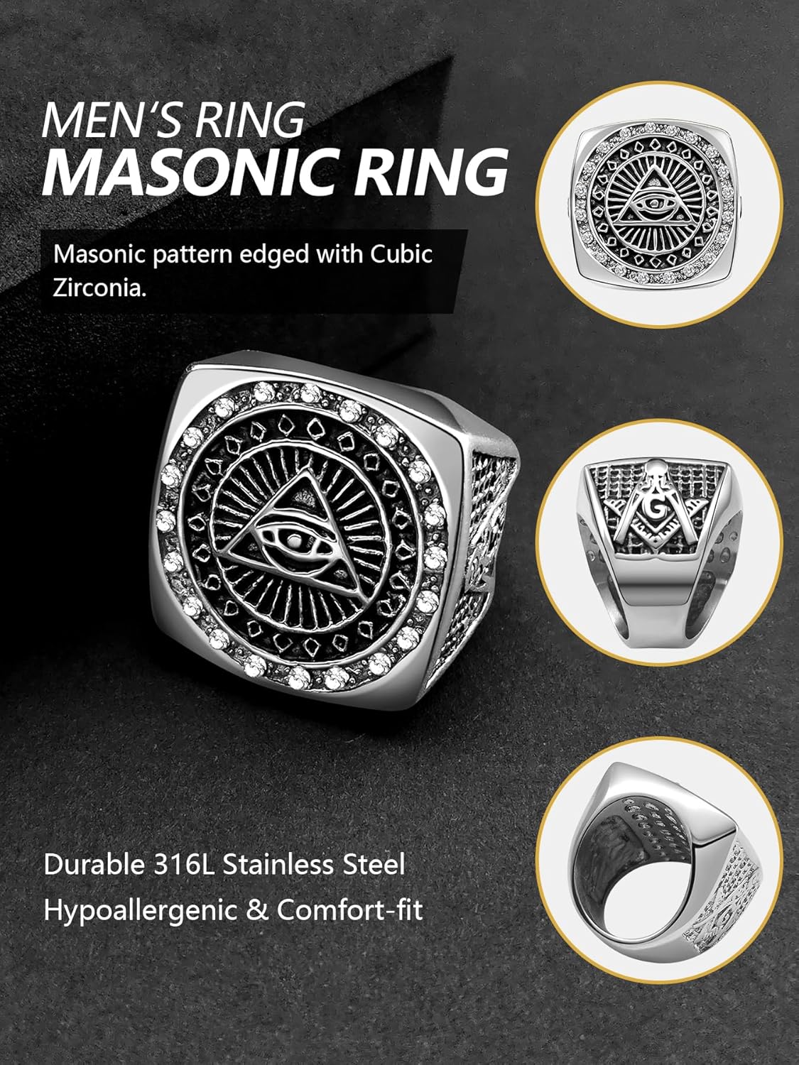 Masonic Signet Rings for Men, 316L Stainless Steel/18K Real Gold/Black Metal Freemason Jewelry, Punk Biker Mason Ring, Size 7-12 - Image 3