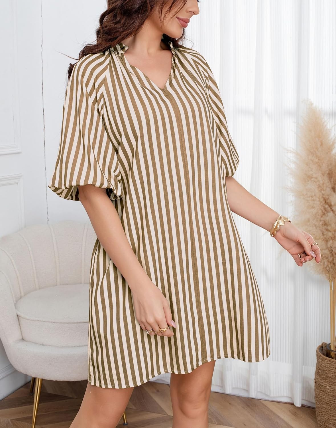 CHARTOU Women Summer Striped Beach Vacation Mini Dress 3/4 Sleeve Boho Chic Outfits Tunic Shift Dress - Image 3