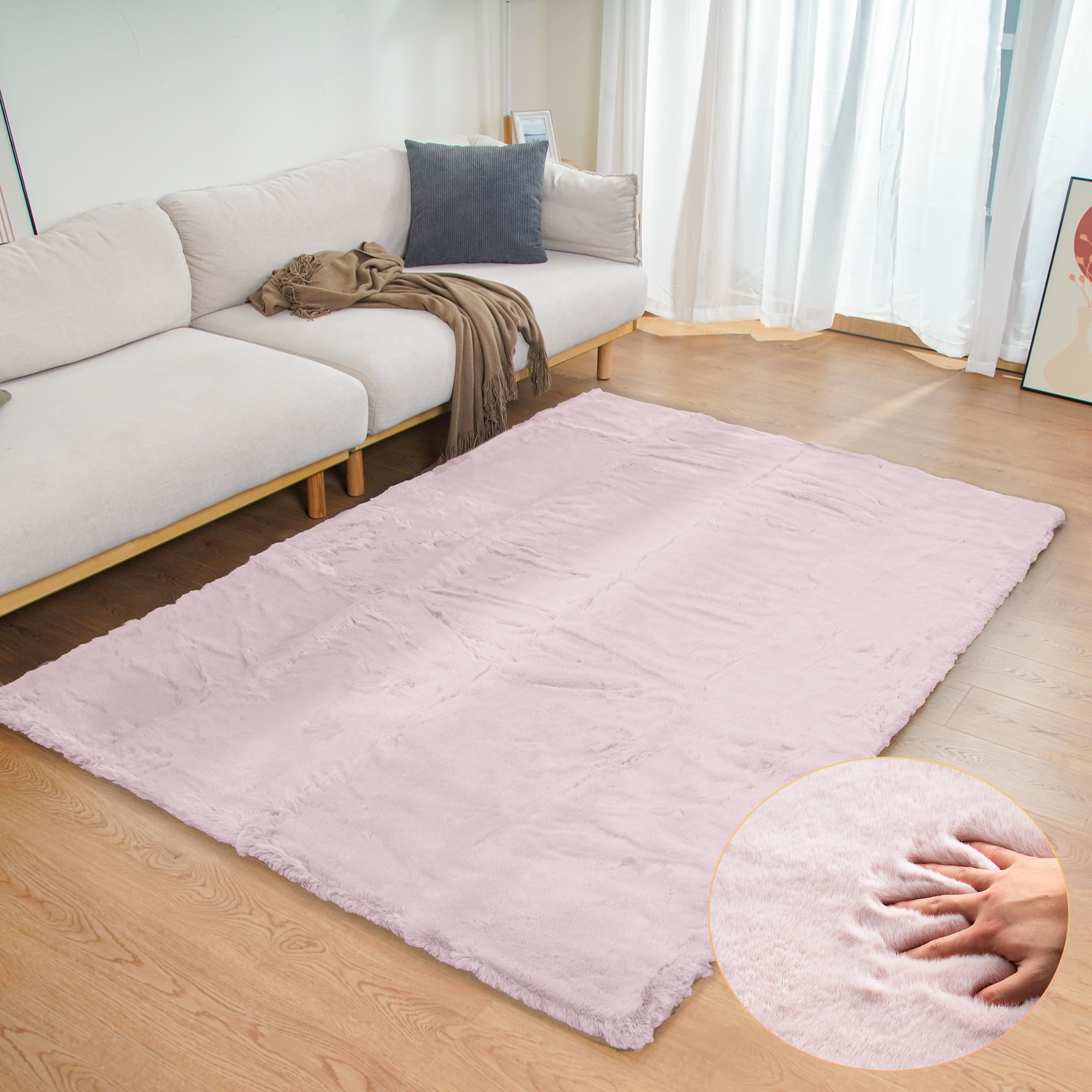 ORINOVA Pink Fuzzy Faux Rabbit Washable Fur Rug for Girls Bedroom 4x6 Shag Area Rugs for Living Room Boho Nursery Rug