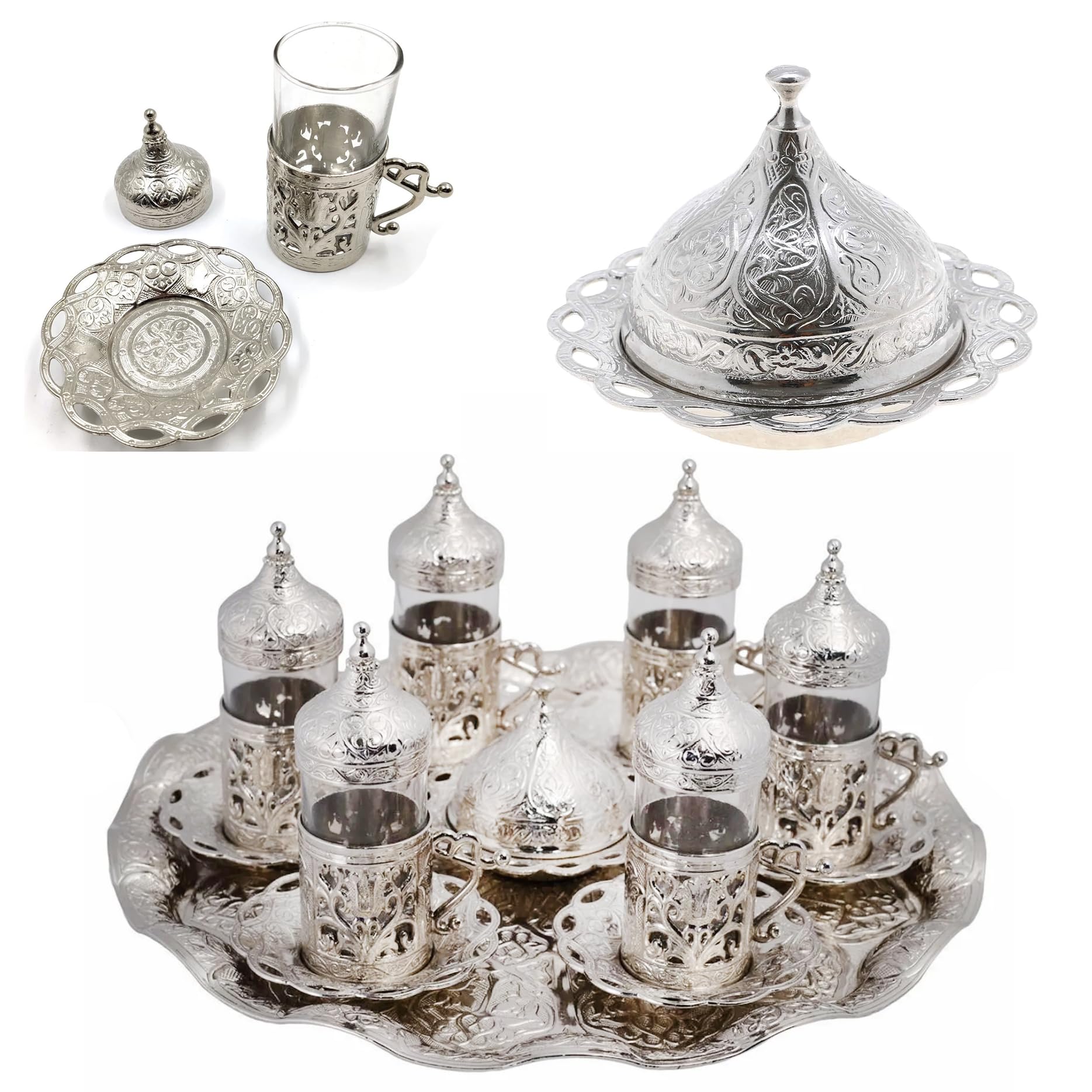6 PC Silver Turkish Tea Set -6 Artisan Tea Glasses, 6 Saucers, 6 Ottoman Lids Sugar Bowl & Tray -Turkish Coffee Glasses, Wedding Gift, Celebrations (6 Gold Ottoman Set) (6 Silver Tulip)