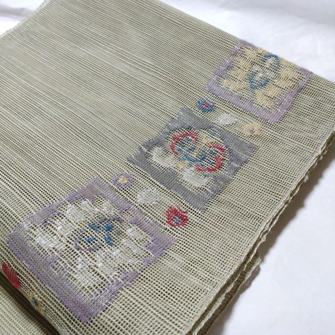 夏用 正絹 名古屋帯 薄抹茶色 羅織