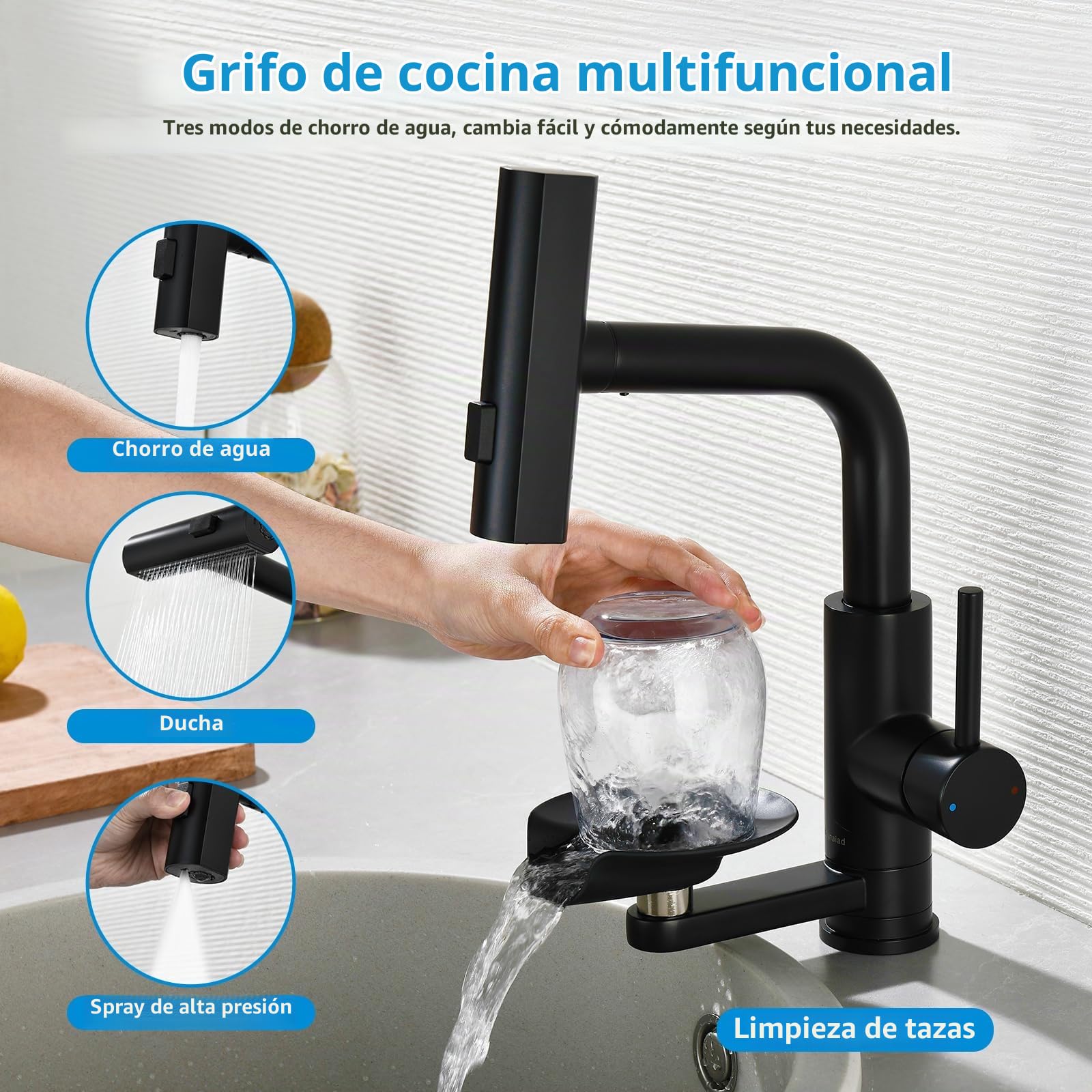 Grifo Cocina Extraible Negro Lavatazas 3 Modos,Torneira Cozinha Preta | Grifos Cocina Fregadero Monomando con Mynaiad Lavatazas, 3 Chorros, Giro 360°, acero 304 Cepillado Cocina Bar Baño