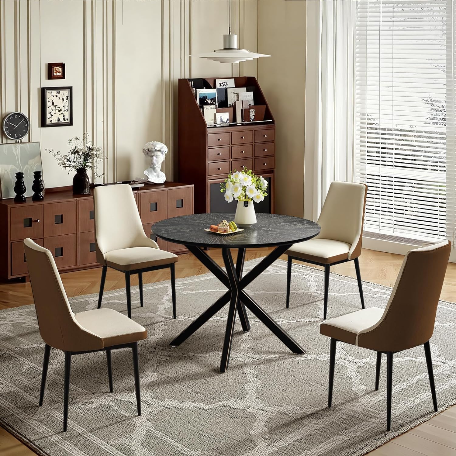 VFK 5-Pieces Dining Table Set for 4,36 inch Small Kitchen Table and Chairs Set Modern Metal Cross Base Dinner Table with 4 Cushioned Seat Round Coffee Table for Kitchen and Living Room