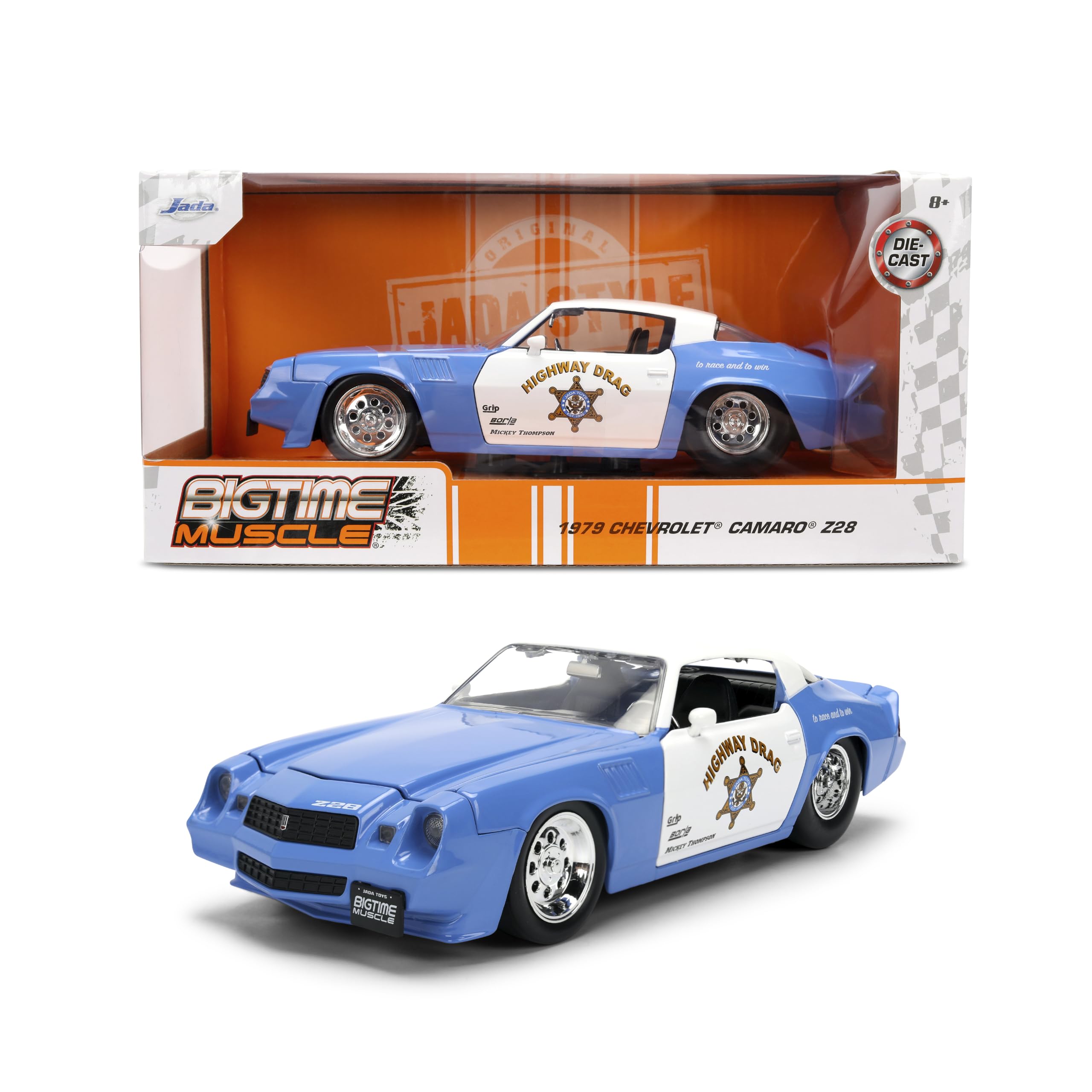 Jada Toys Bigtime Muscle 1:24 1970 Chevrolet Camaro Die-Cast Car - otwierane drzwi, maska, bagażnik, gumowe opony (niebieski/biały)