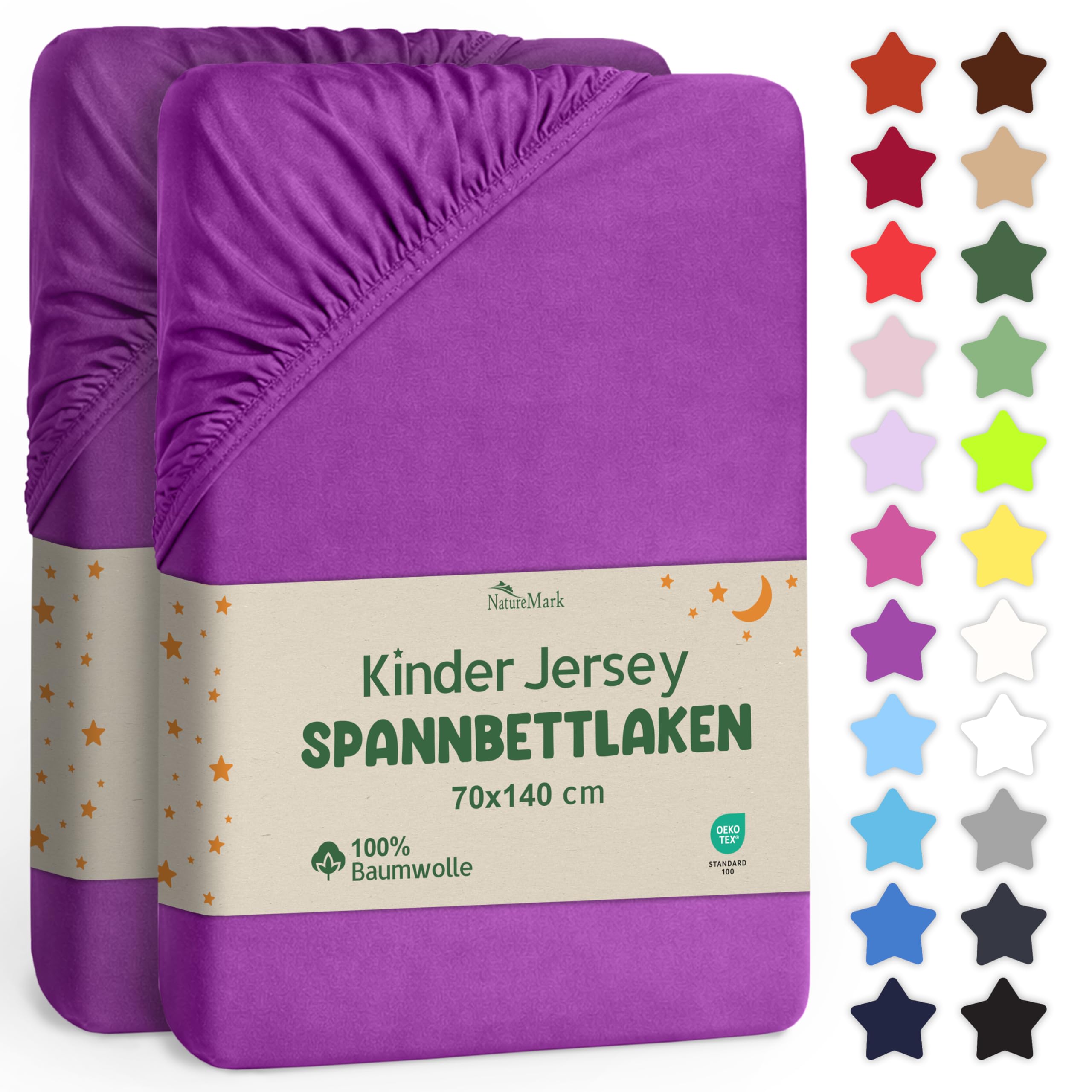 NatureMark Kinder Spannbettlaken 70x140 cm – Weiches Jersey, 100% Baumwolle, 2er Set für Babybett und Kinderbett, Lila