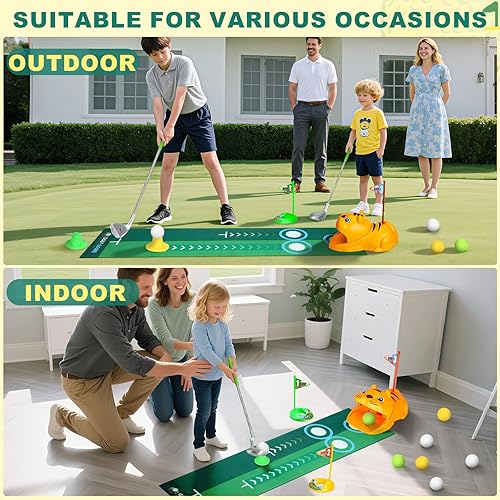 Miniatura 6 de Juego de golf de juguete mejorado para niños con tigre para niños de 3 a 8 años, juego de palos de golf para niños pequeños, retorno de golf