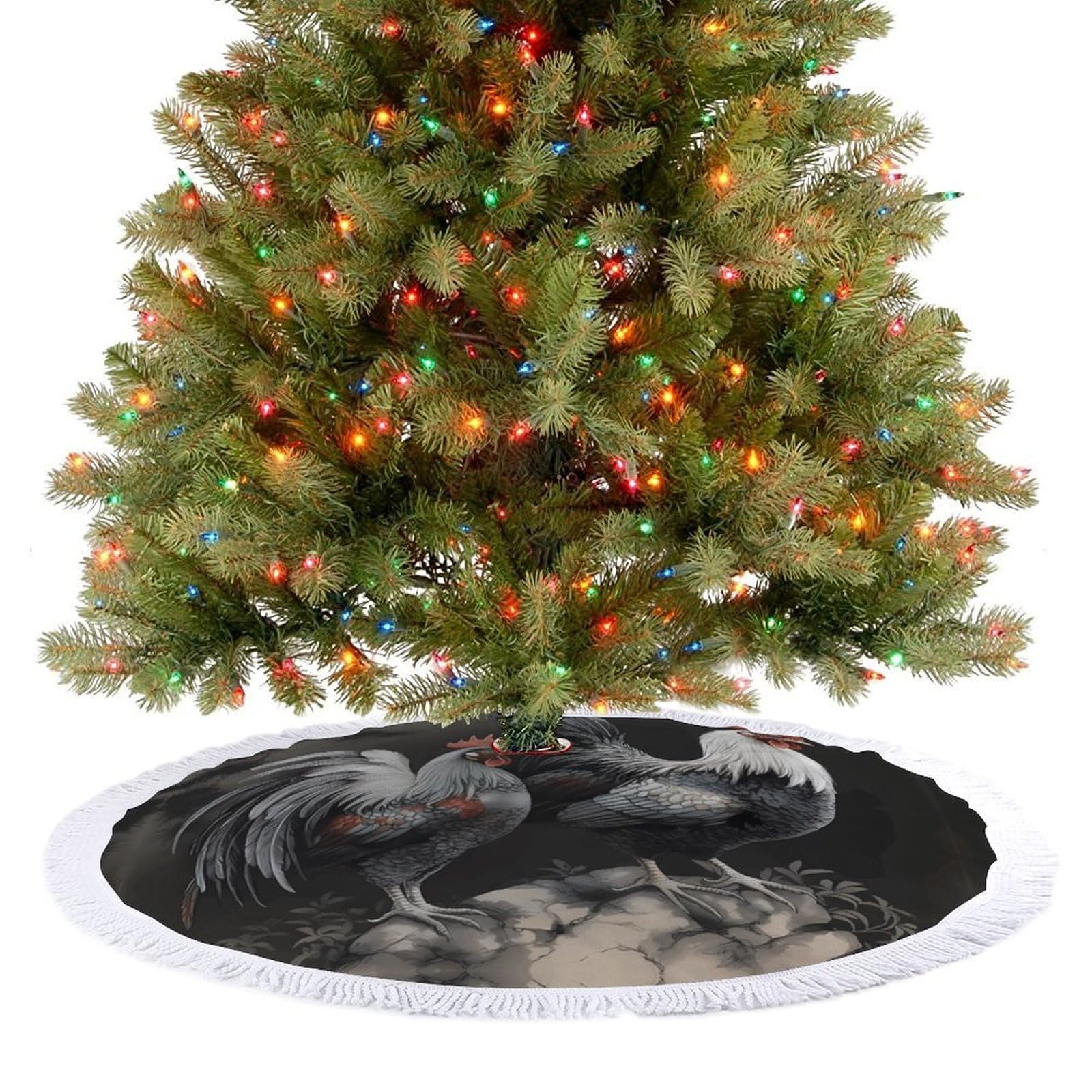 Rooster Pattern Christmas Tree Skirt 48" Rustic Xmas Tree Mat with Tassel Ornament Christmas Trees Cover Skirt Mat for Evergreen Trees Ornament Winter Holiday Mats Decorations