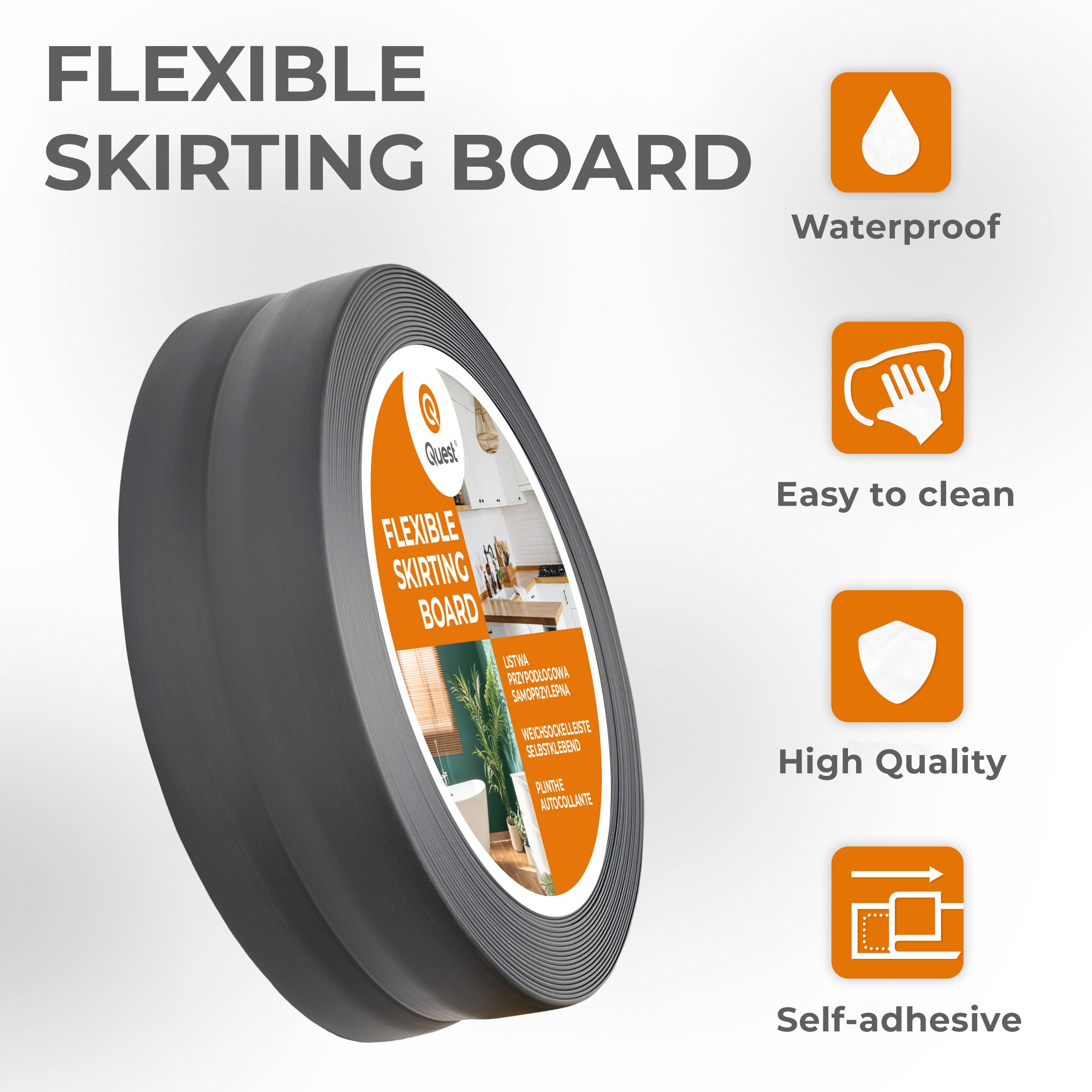 Quest Battiscopa Morbido Adesivo - 50 mm x 20 mm - Listello in PVC, Finitura Flessibile, Profilo Angolare per Cucina, Bagno, Parete, Pavimento - Decorativo (Grigio scuro, 15m)