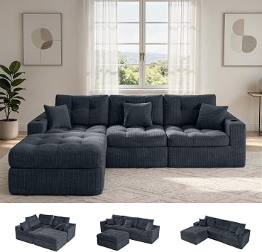 Luxanimarion 113" Modular Sectional Sofa for Living Room, Convertible L-Shape Couch with Ottoman,Cloud Boneless Couch with Layered Cushion,Gray Corduroy
