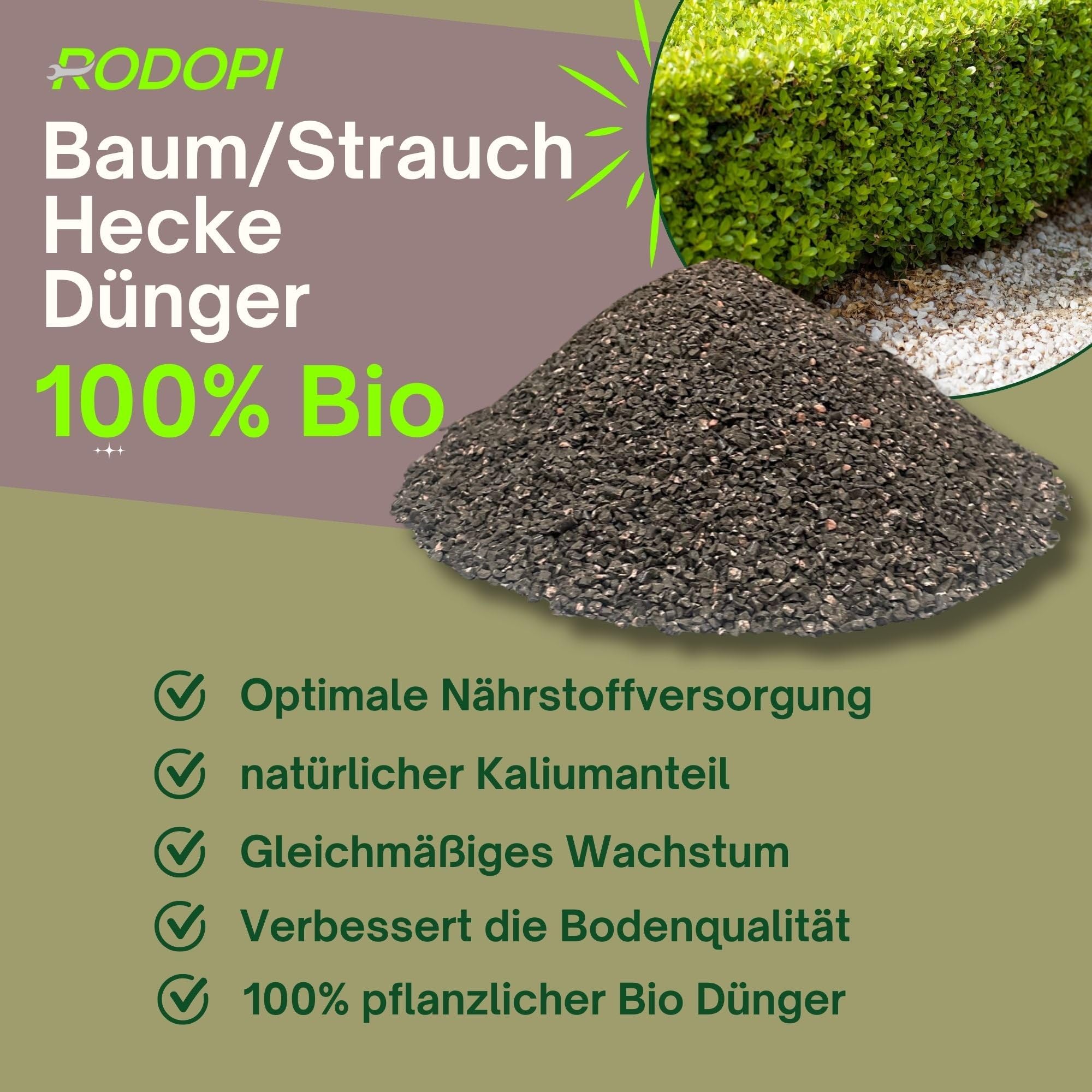 Rodopi Bio-Baum Strauch Hecken Dünger Granulat – 3 Monate Langzeitwirkung – 100% pflanzlich & vegan – Organischer NPK-Dünger 7-3-8 mit Eisen 7kg
