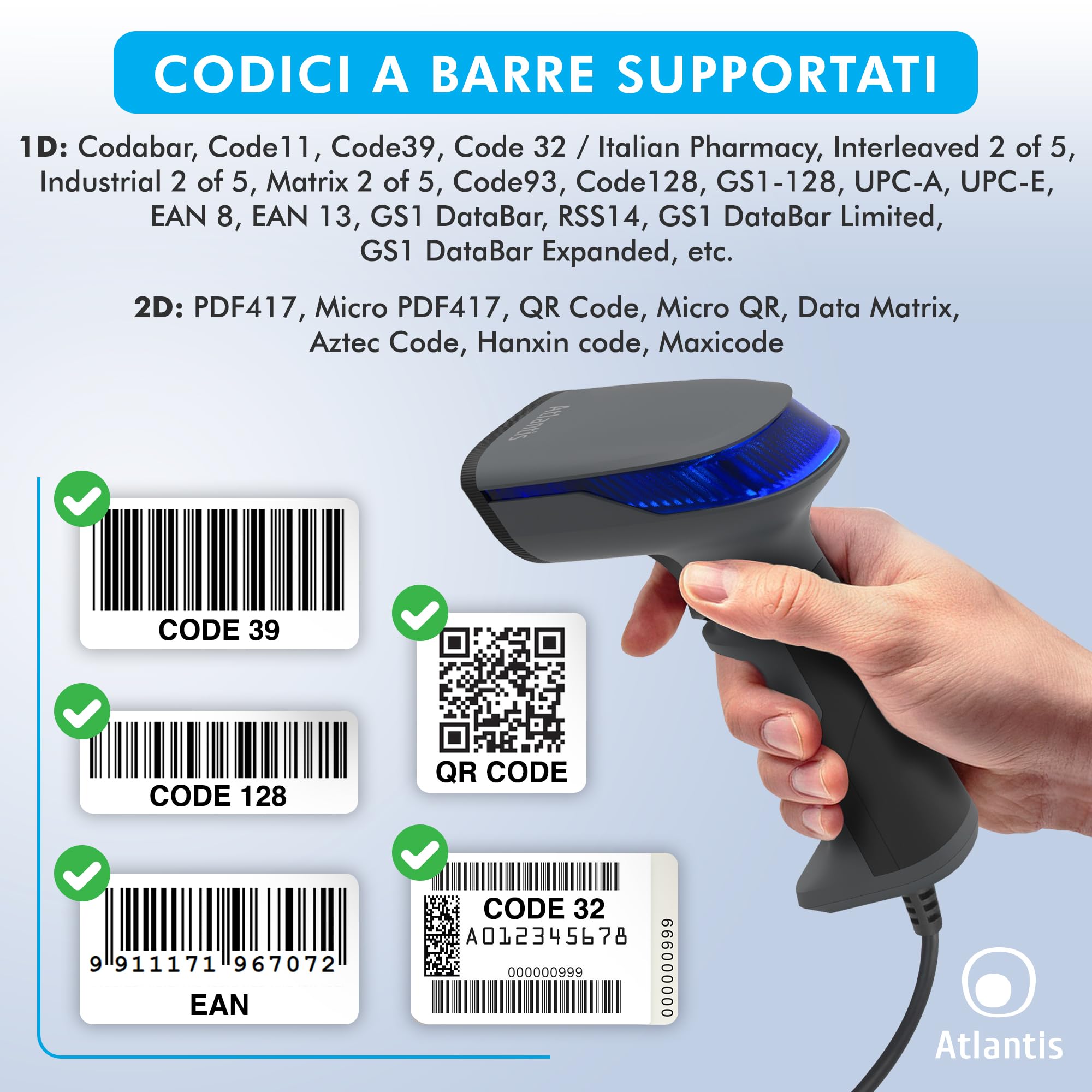 Atlantis A08-LD230P-2D Lettore Codici a Barre Barcode reader scanner 1D e 2D Ottico Prof (640x480), 60 fps, legge da smartphone e display, codice farmaceutico, collegamento USB, guida rapida